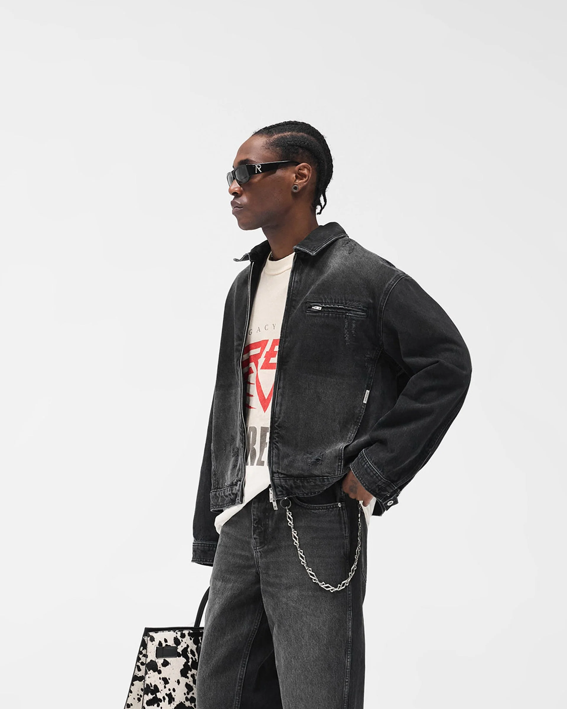 Collared Denim Jacket - Aged Black - Image 4