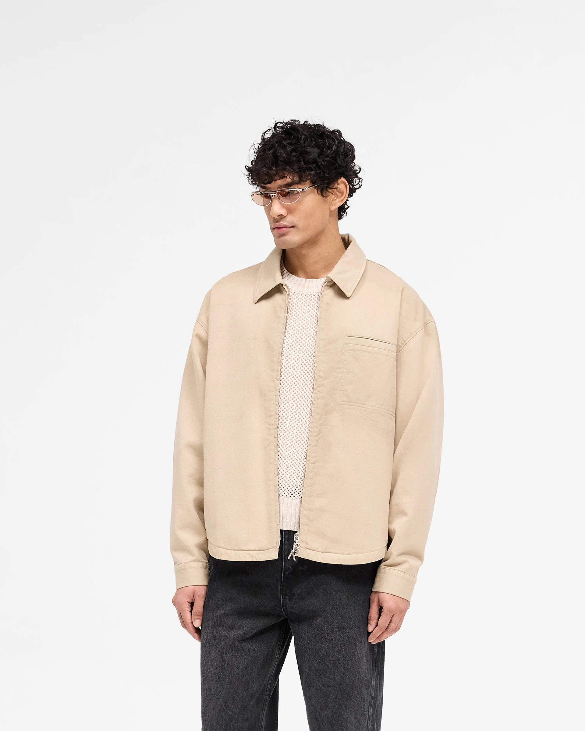 Cotton Zip Through Shirt - Beige - Image 2