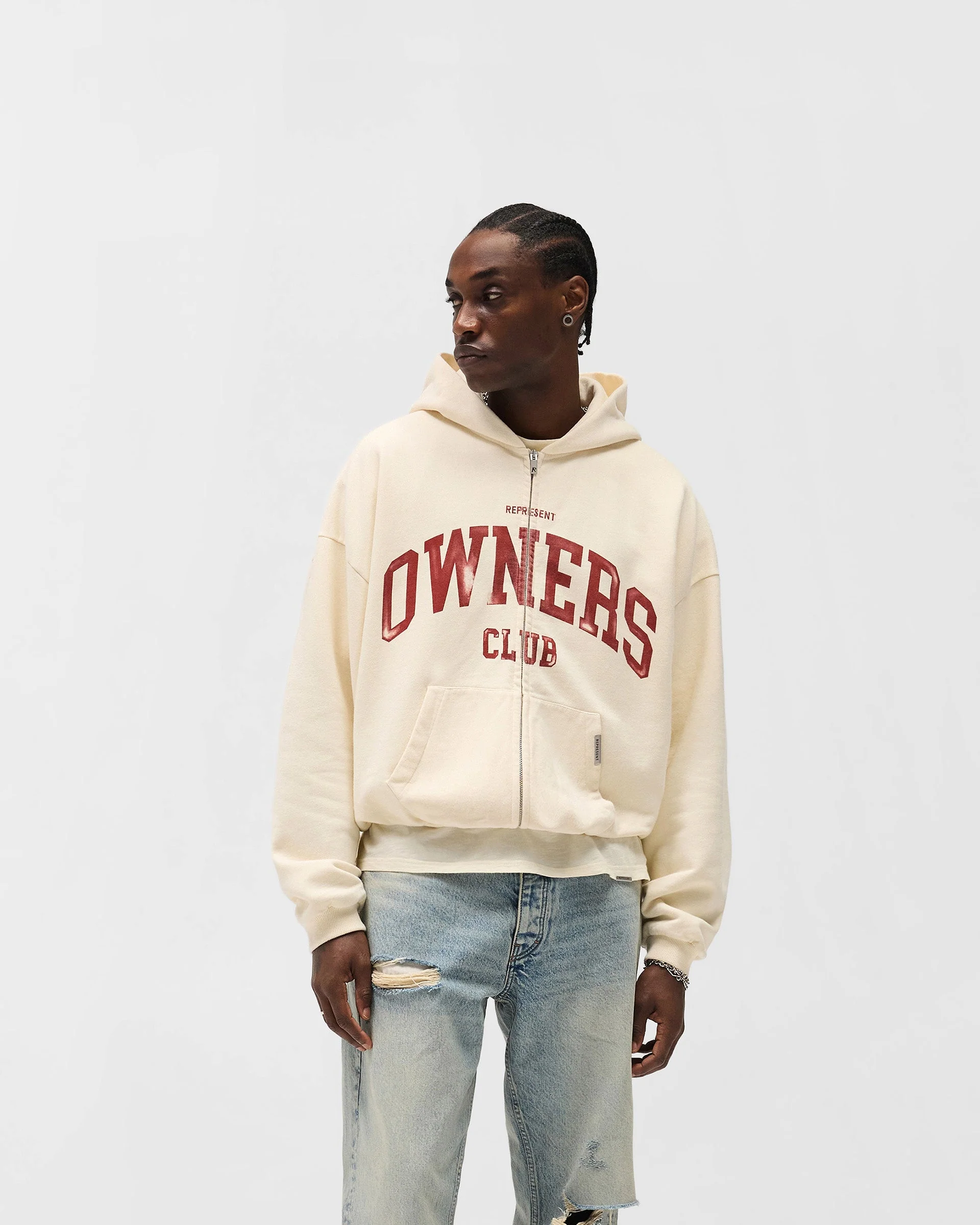 Represent Owners Club Zip Through Hoodie - Buttercream - Image 3