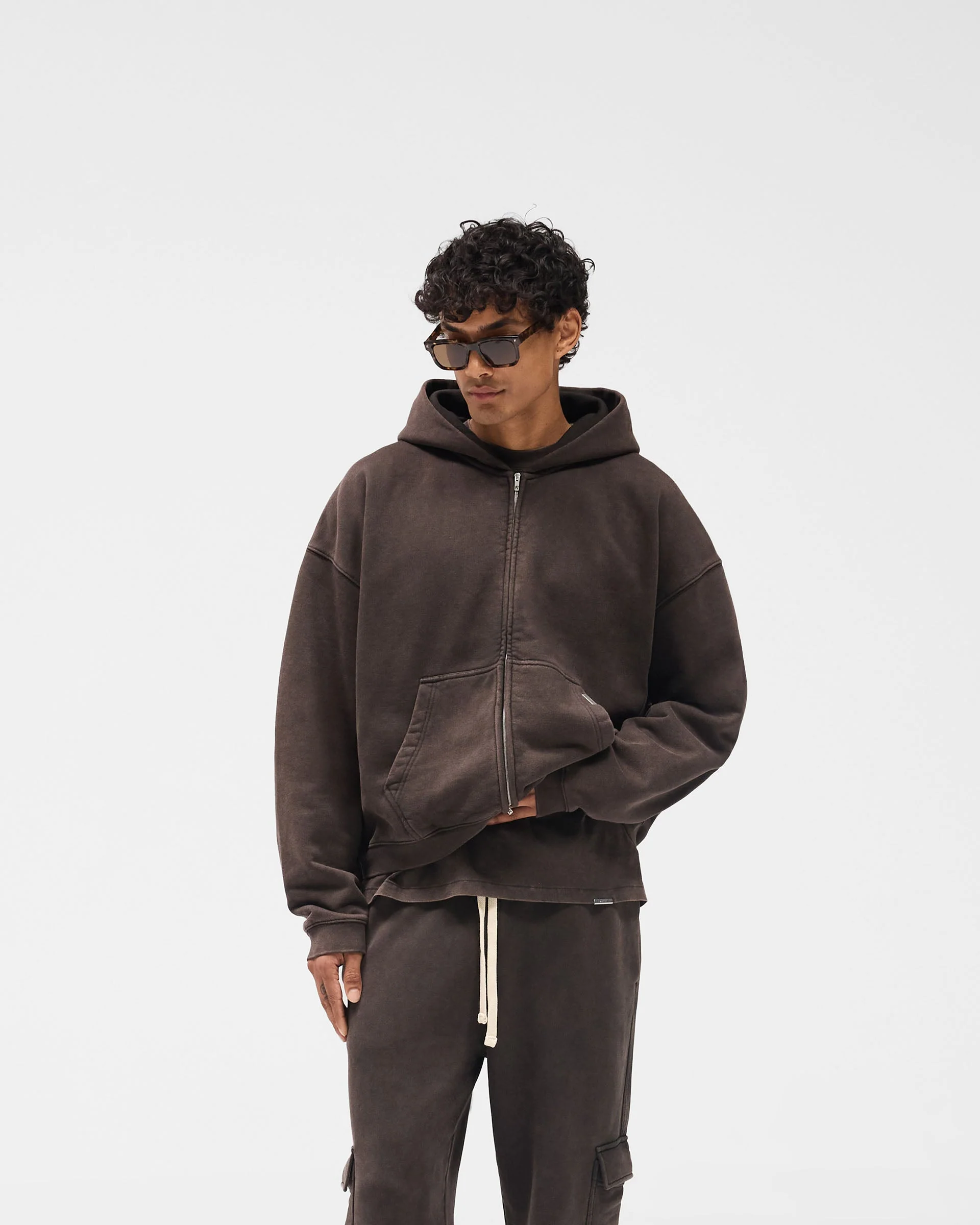 Initial Boxy Zip Through Hoodie - Coffee - Image 3