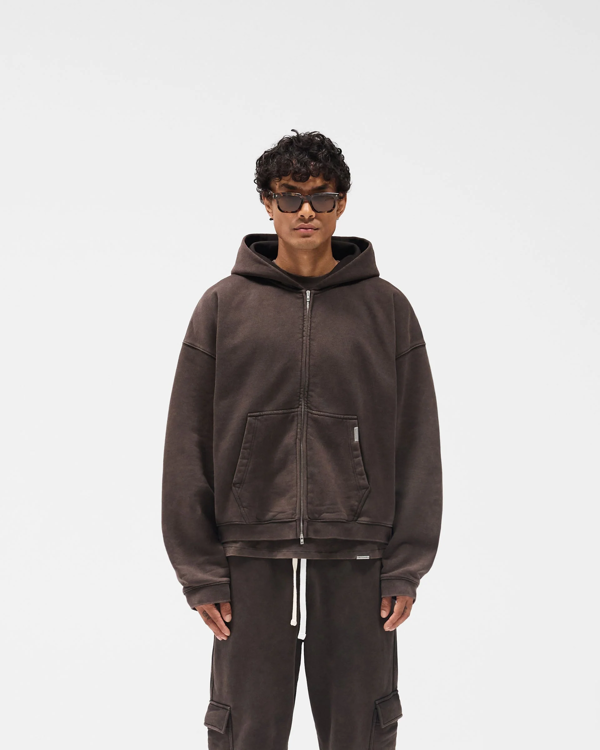 Initial Boxy Zip Through Hoodie - Coffee - Image 4