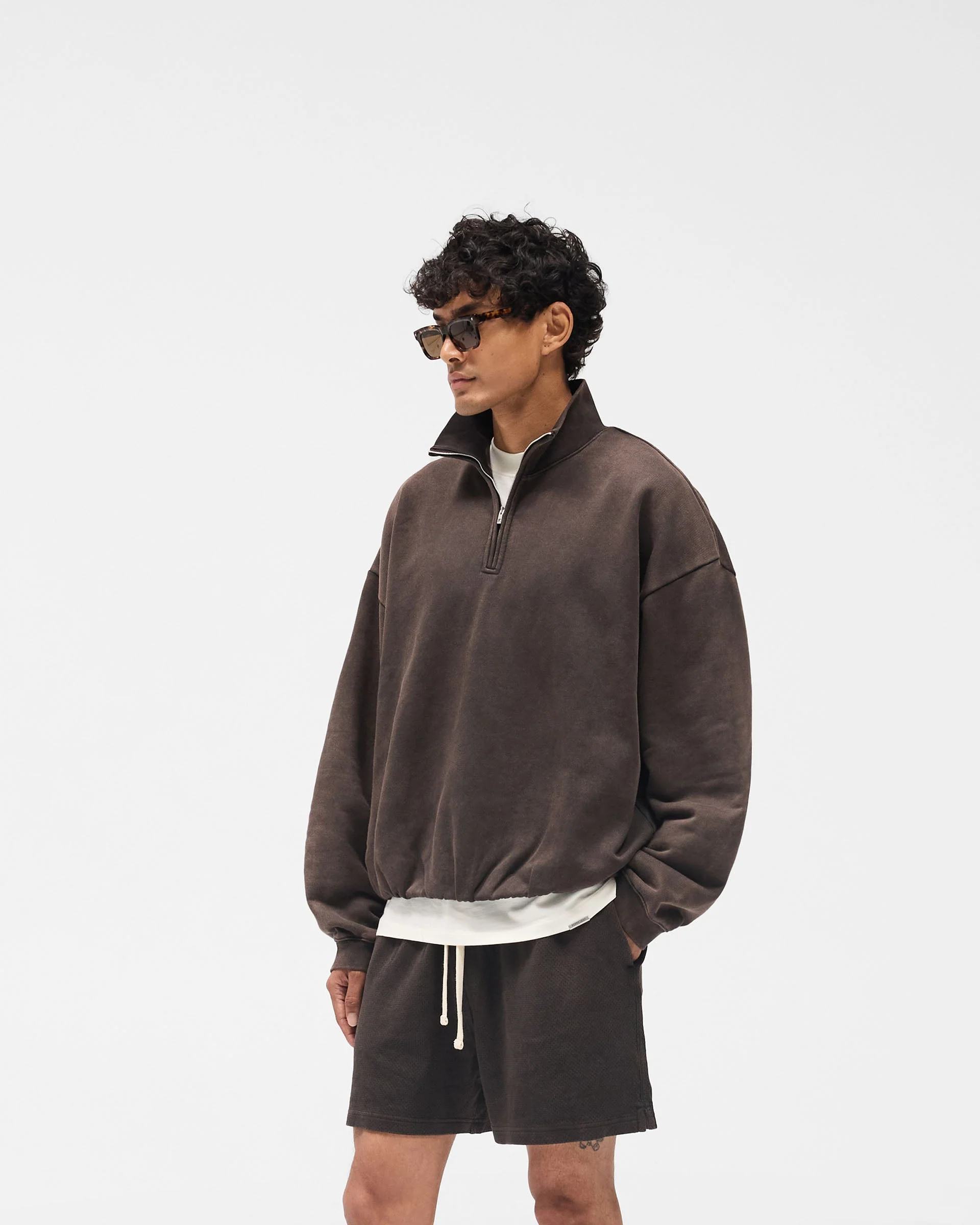Initial Funnel Neck Quarter Zip Sweatshirt - Coffee - Image 2