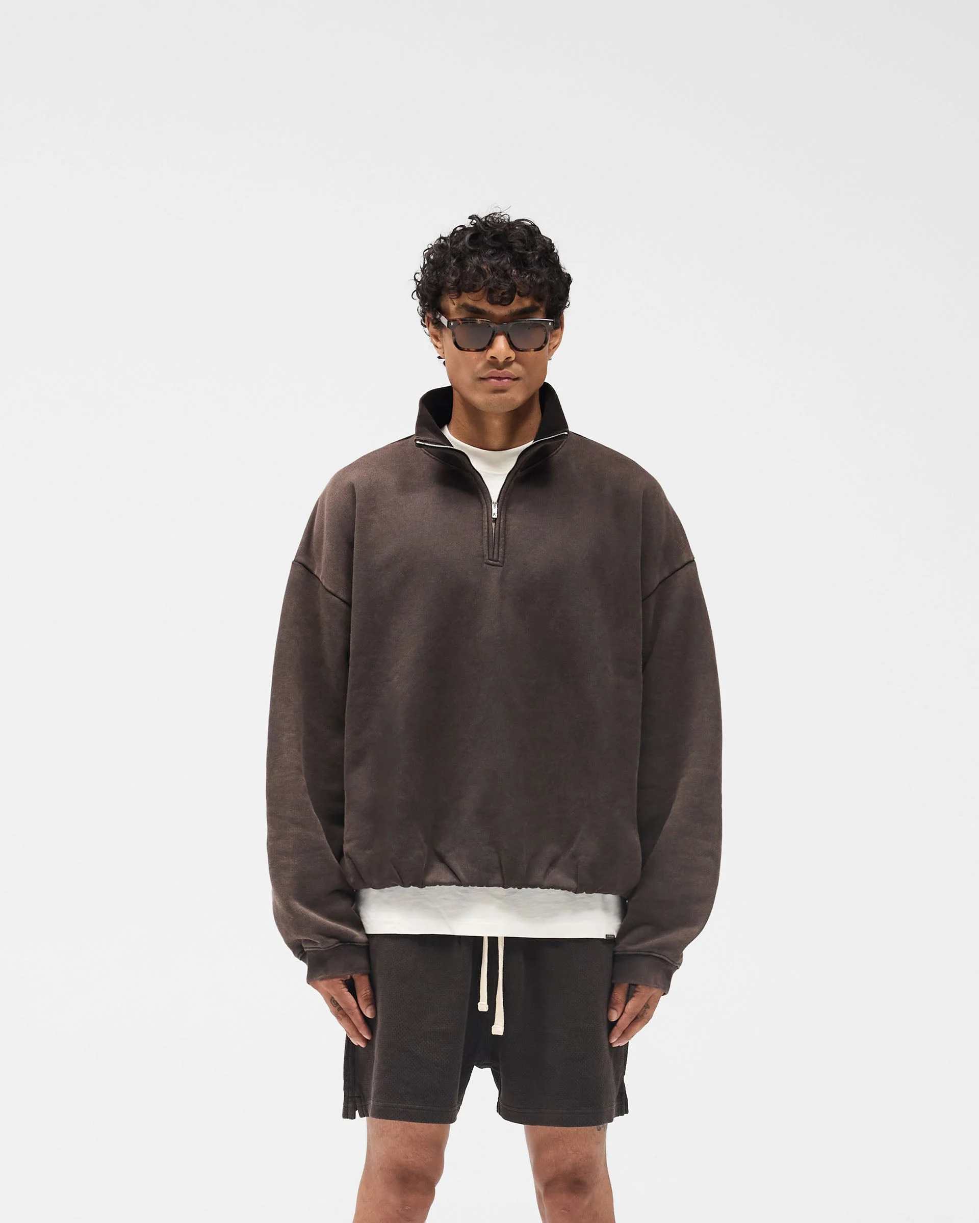 Initial Funnel Neck Quarter Zip Sweatshirt - Coffee - Image 3