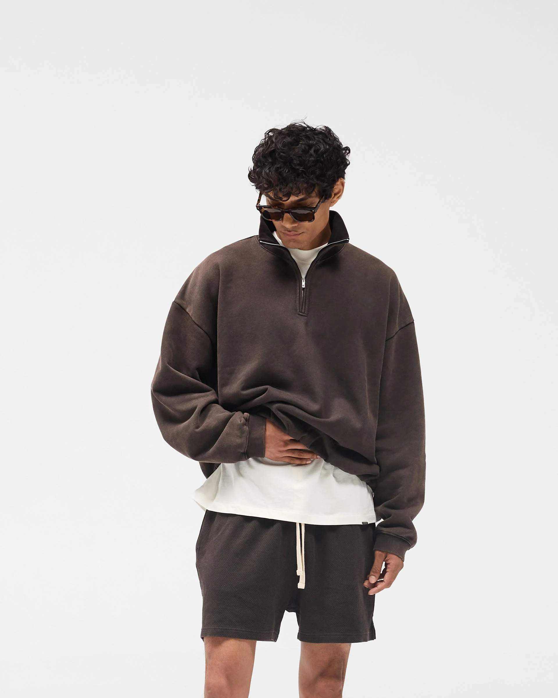 Initial Funnel Neck Quarter Zip Sweatshirt - Coffee - Image 4