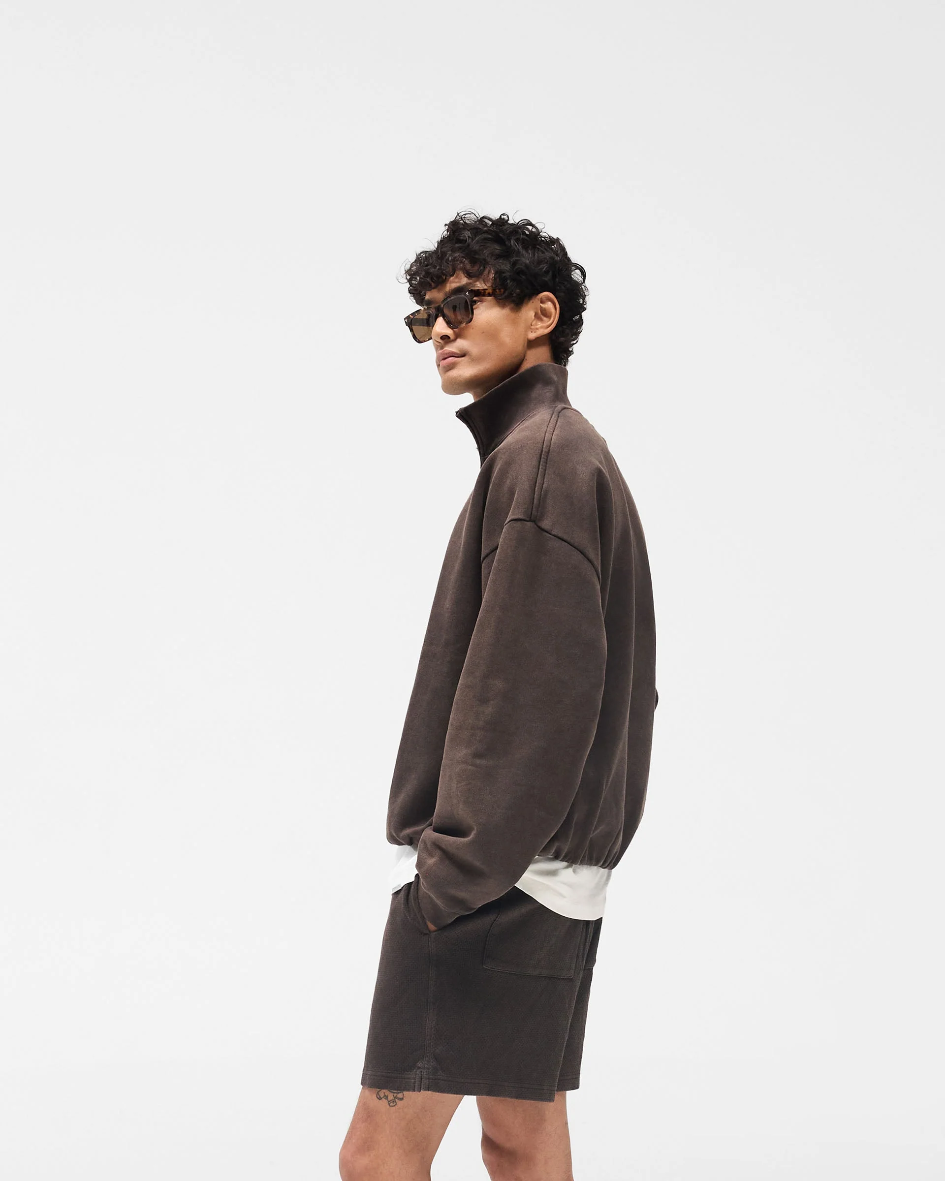 Initial Funnel Neck Quarter Zip Sweatshirt - Coffee - Image 5