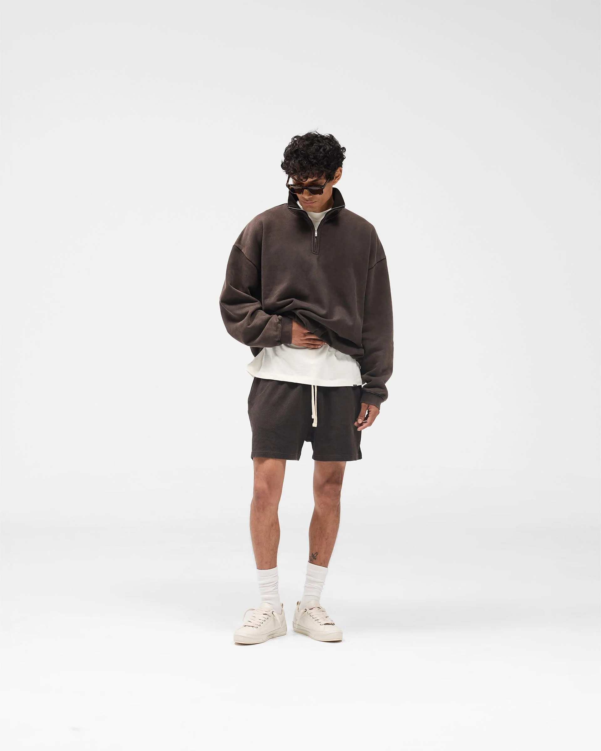 Initial Funnel Neck Quarter Zip Sweatshirt - Coffee - Image 9