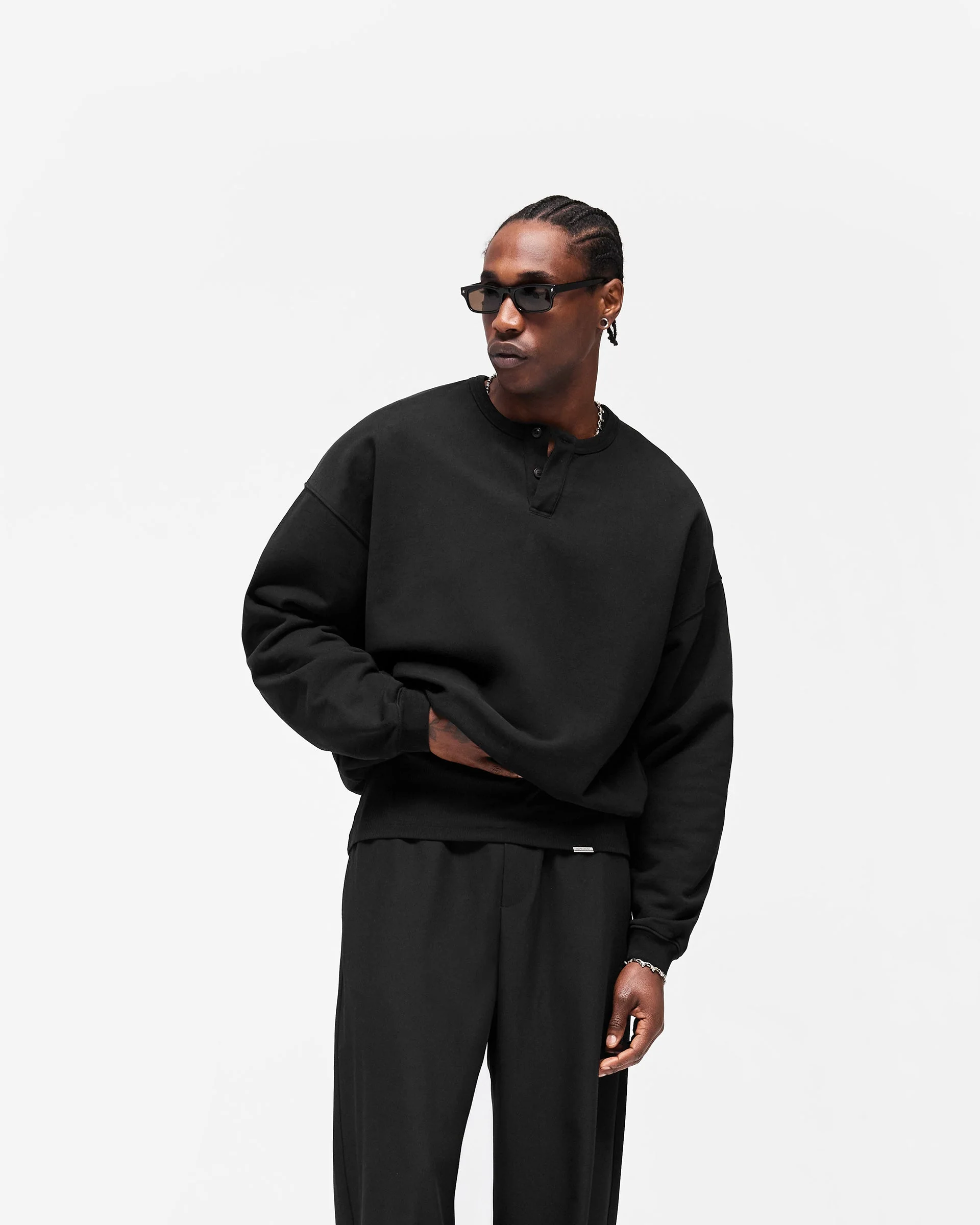 Initial Henley Collar Sweater - Jet Black - Image 4