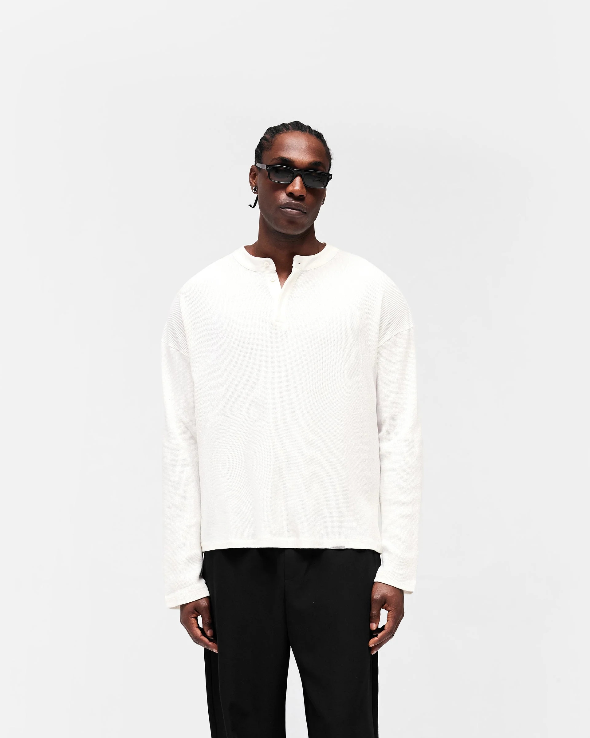 Initial Henley Waffle Long Sleeve T-Shirt - Flat White - Image 3