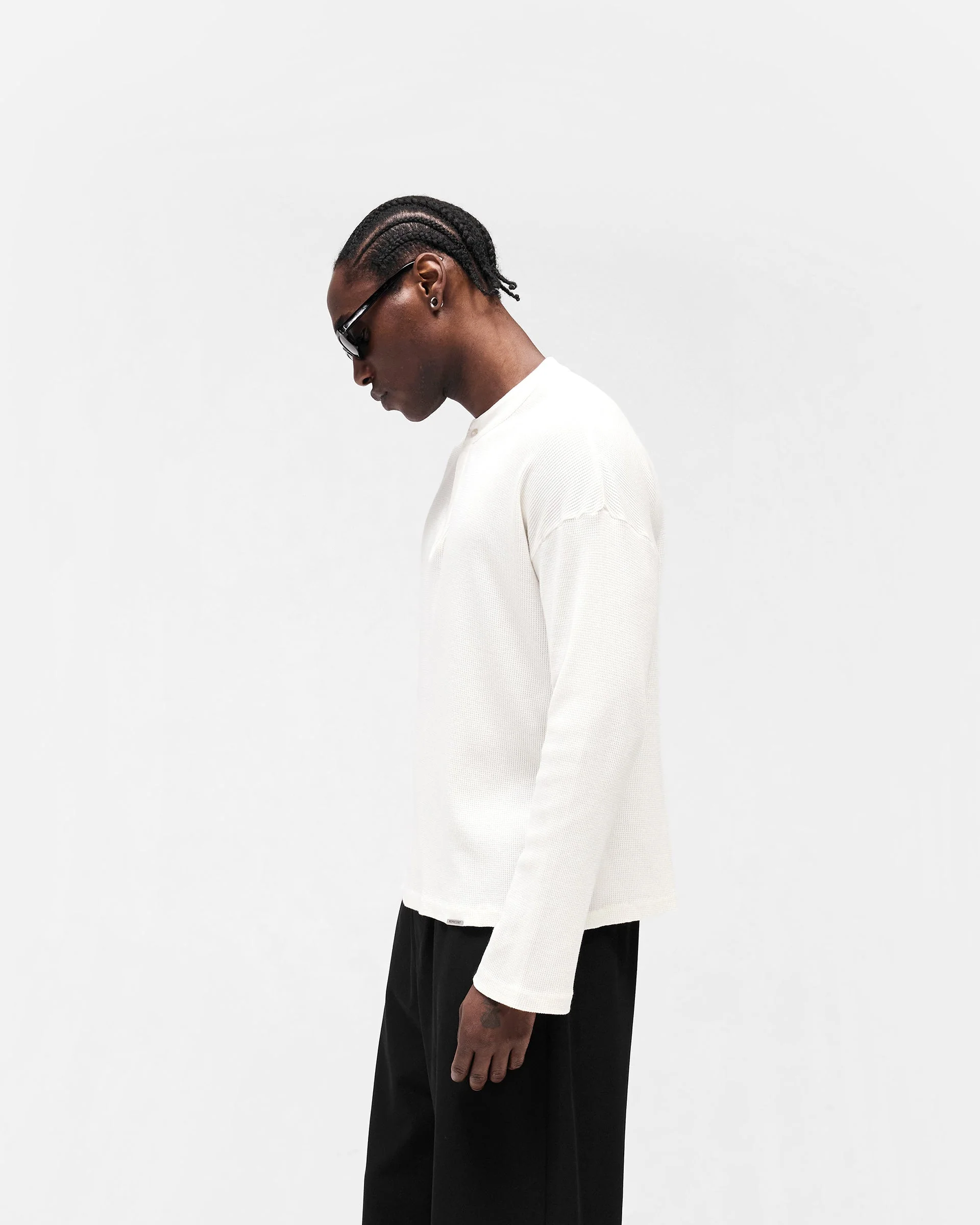 Initial Henley Waffle Long Sleeve T-Shirt - Flat White - Image 4