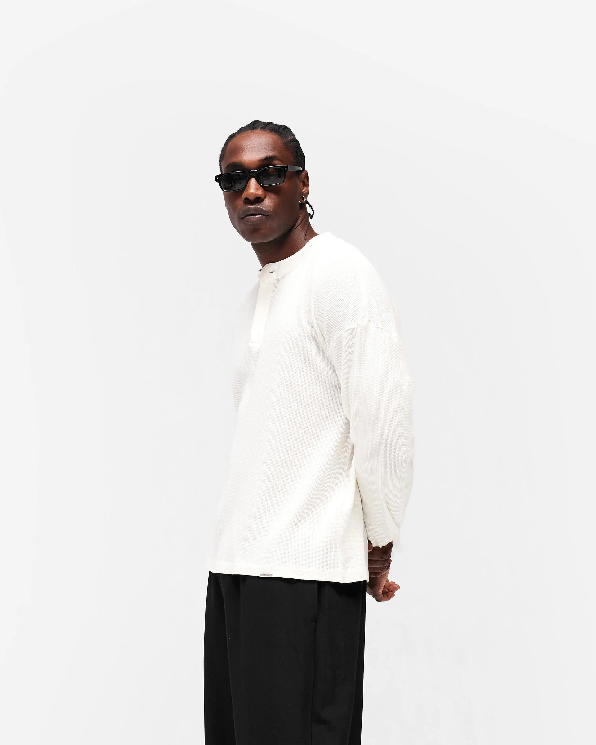 Initial Henley Waffle Long Sleeve T-Shirt - Flat White - Image 5