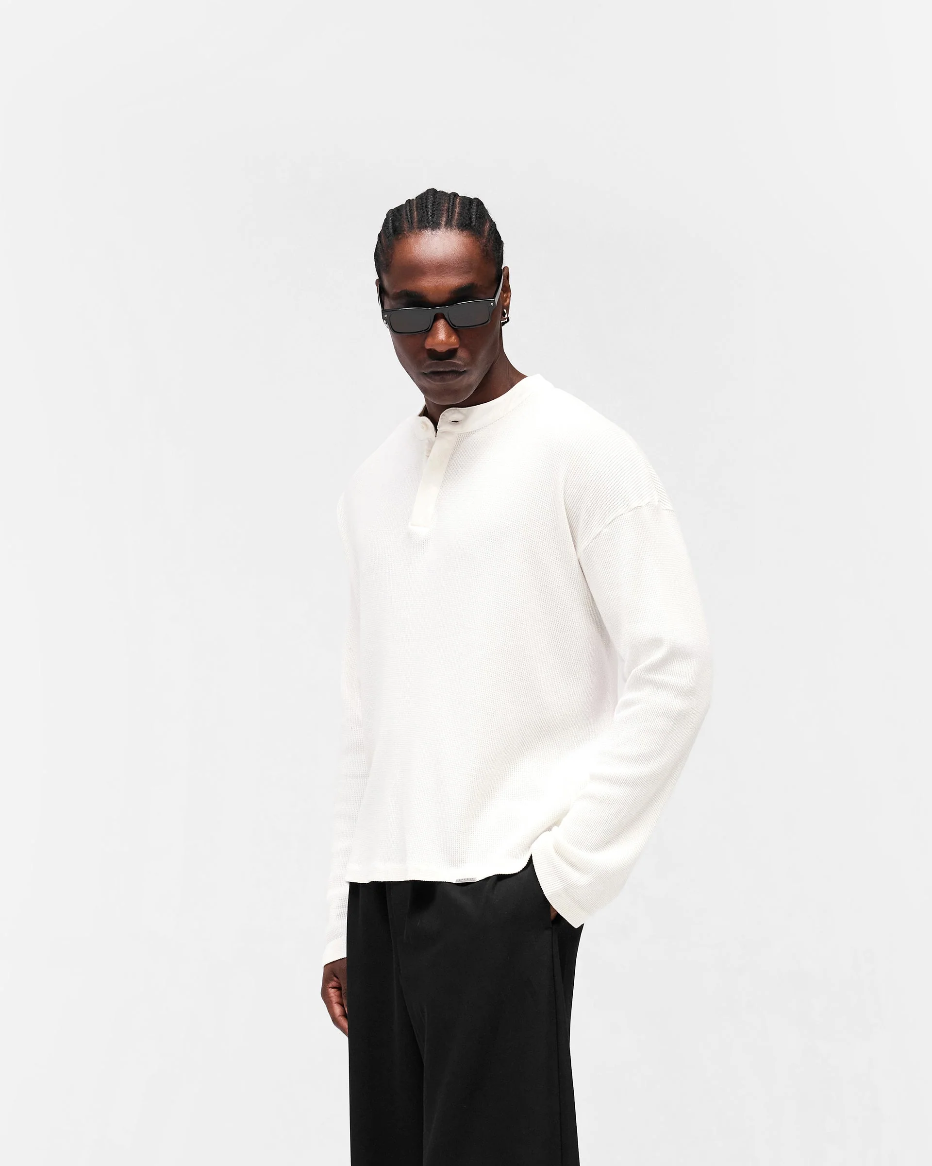 Initial Henley Waffle Long Sleeve T-Shirt - Flat White - Image 6