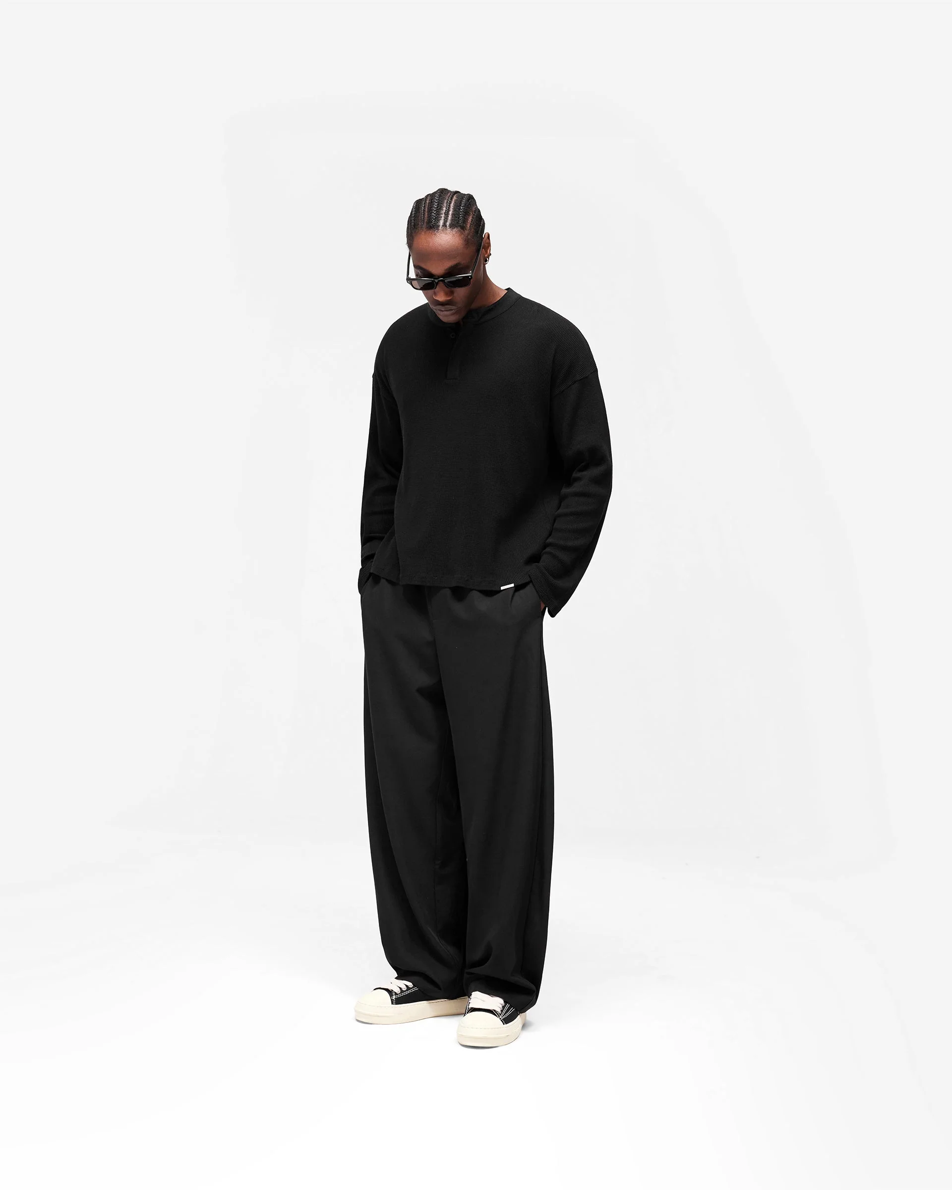 Initial Henley Waffle Long Sleeve T-Shirt - Jet Black - Image 10