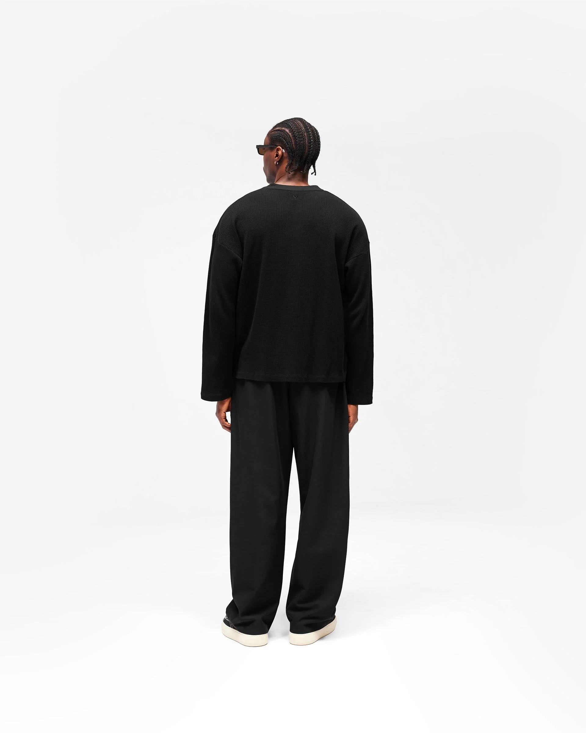 Initial Henley Waffle Long Sleeve T-Shirt - Jet Black - Image 12