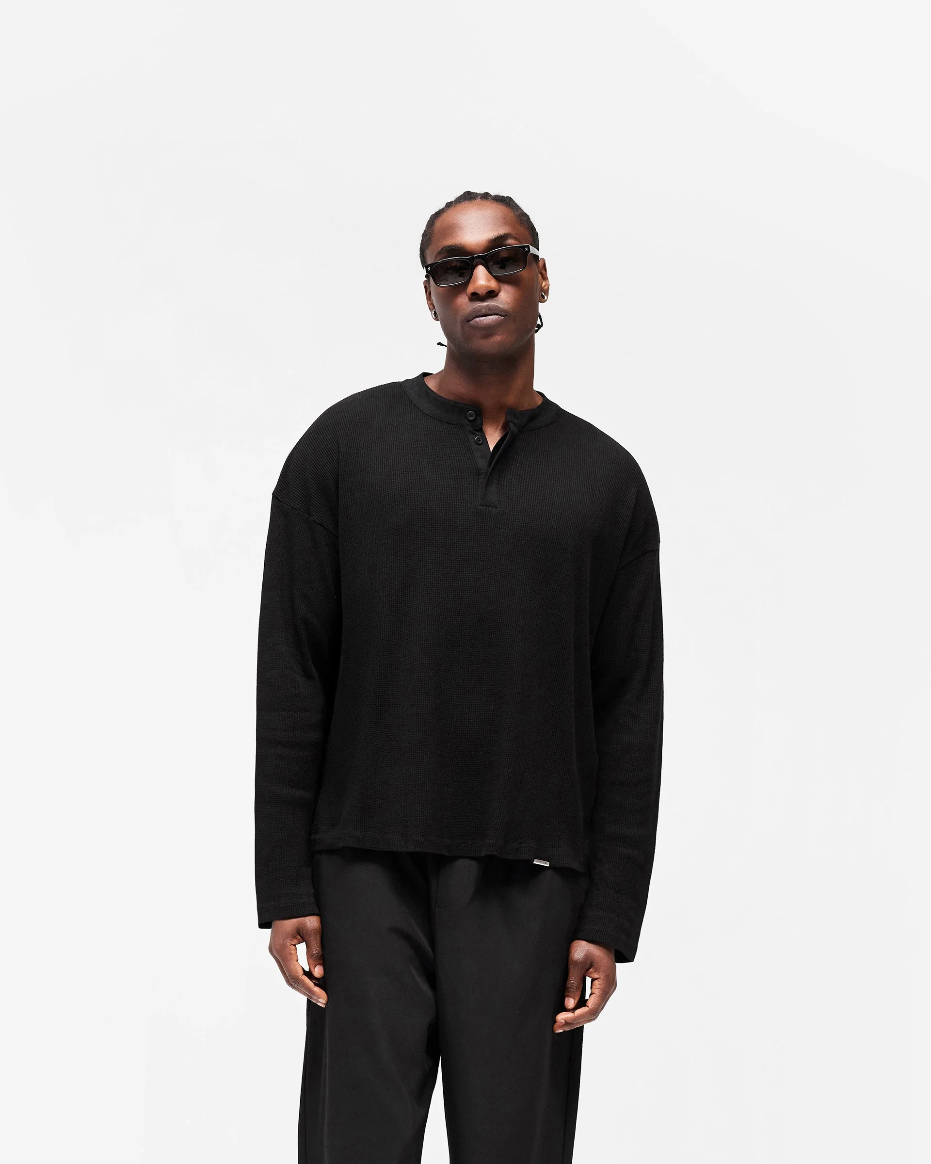 Initial Henley Waffle Long Sleeve T-Shirt - Jet Black - Image 3