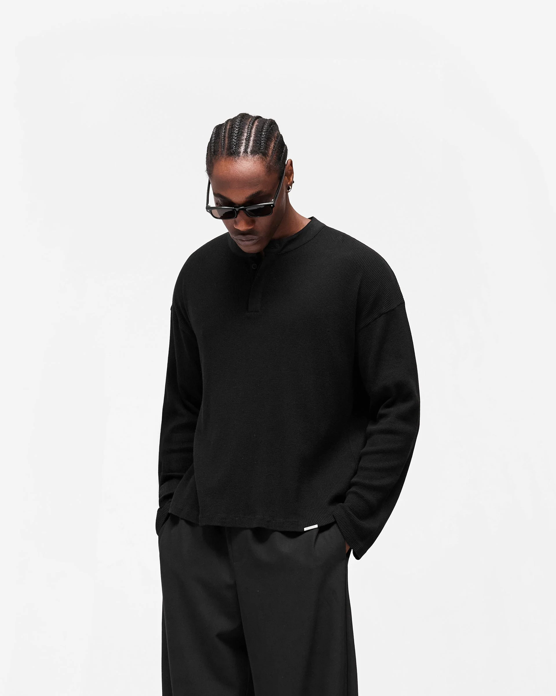 Initial Henley Waffle Long Sleeve T-Shirt - Jet Black - Image 4
