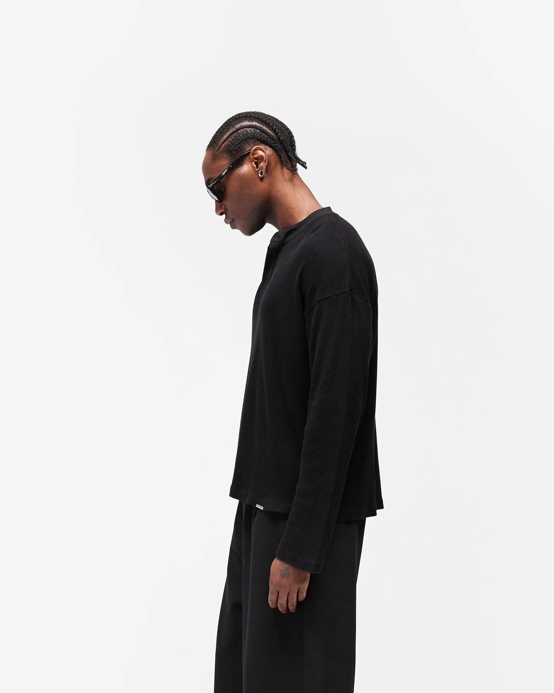 Initial Henley Waffle Long Sleeve T-Shirt - Jet Black - Image 5