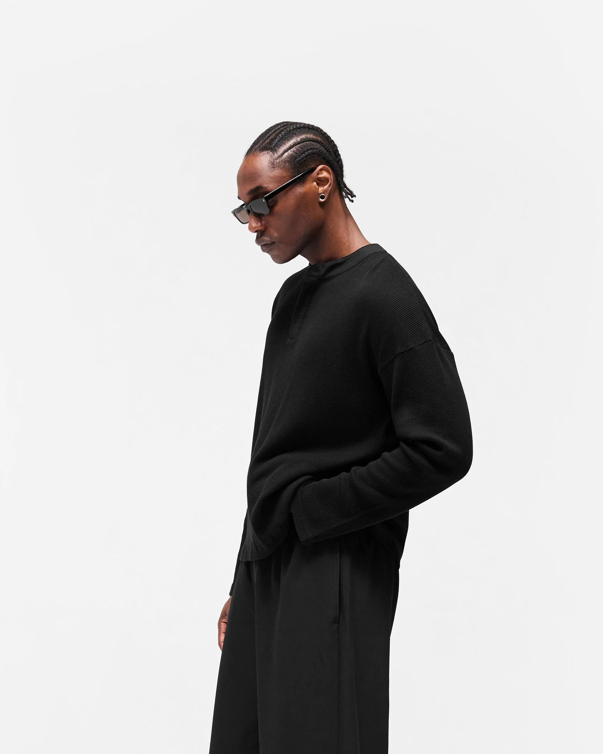 Initial Henley Waffle Long Sleeve T-Shirt - Jet Black - Image 6