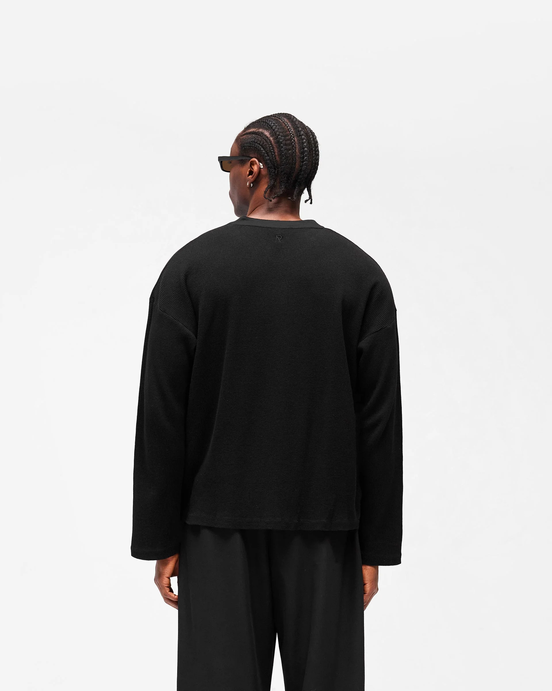 Initial Henley Waffle Long Sleeve T-Shirt - Jet Black - Image 7
