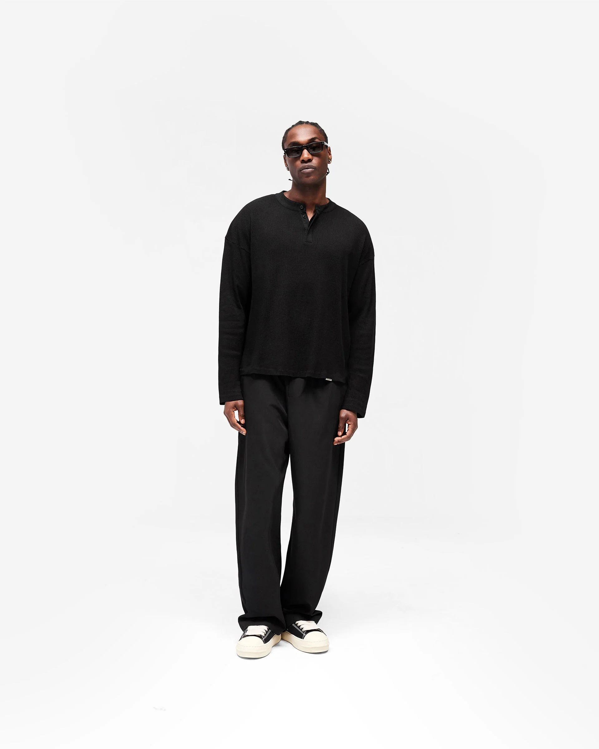 Initial Henley Waffle Long Sleeve T-Shirt - Jet Black - Image 8