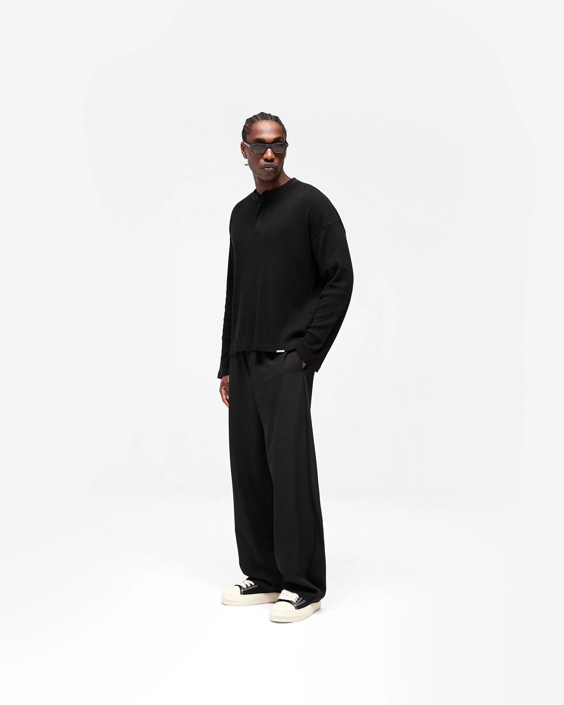 Initial Henley Waffle Long Sleeve T-Shirt - Jet Black - Image 9