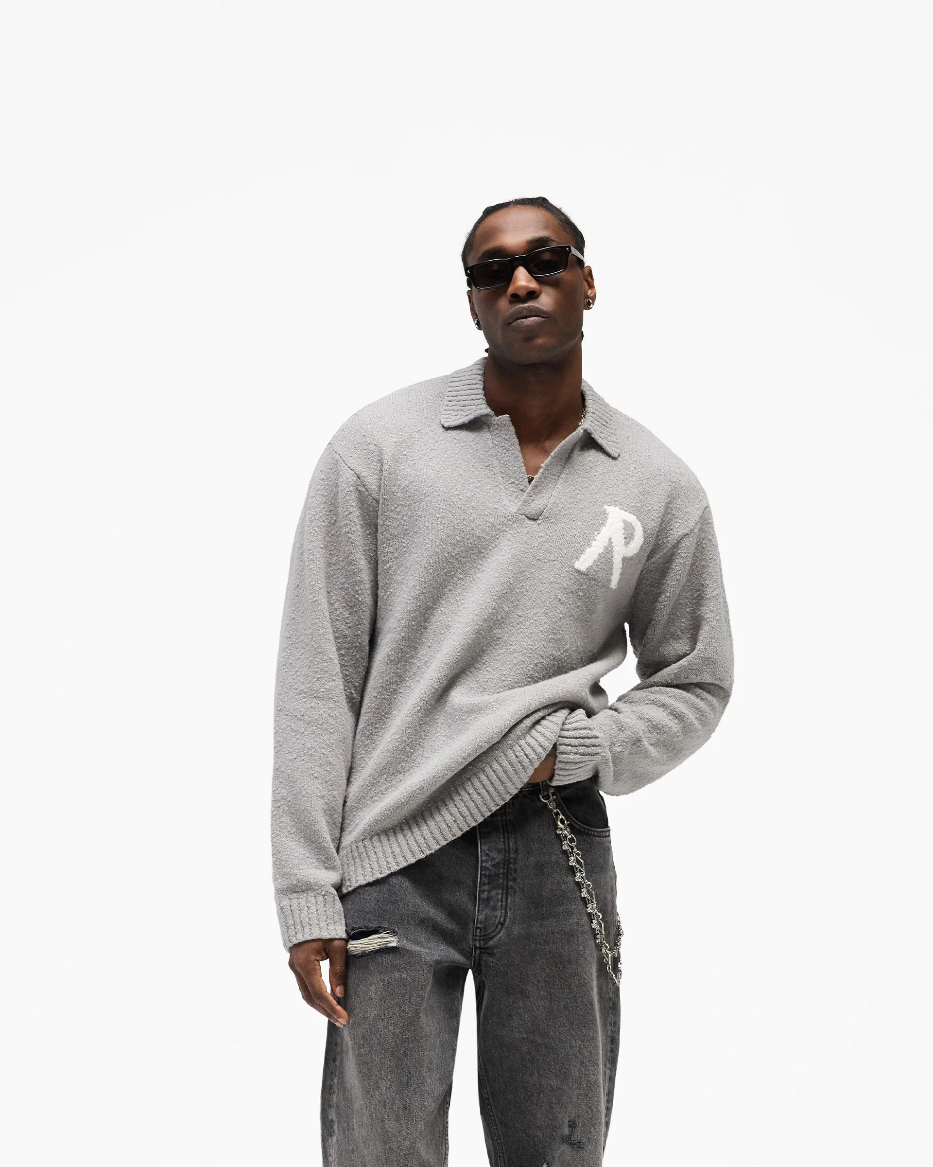 Knitted Boucle Polo - Grey - Image 2