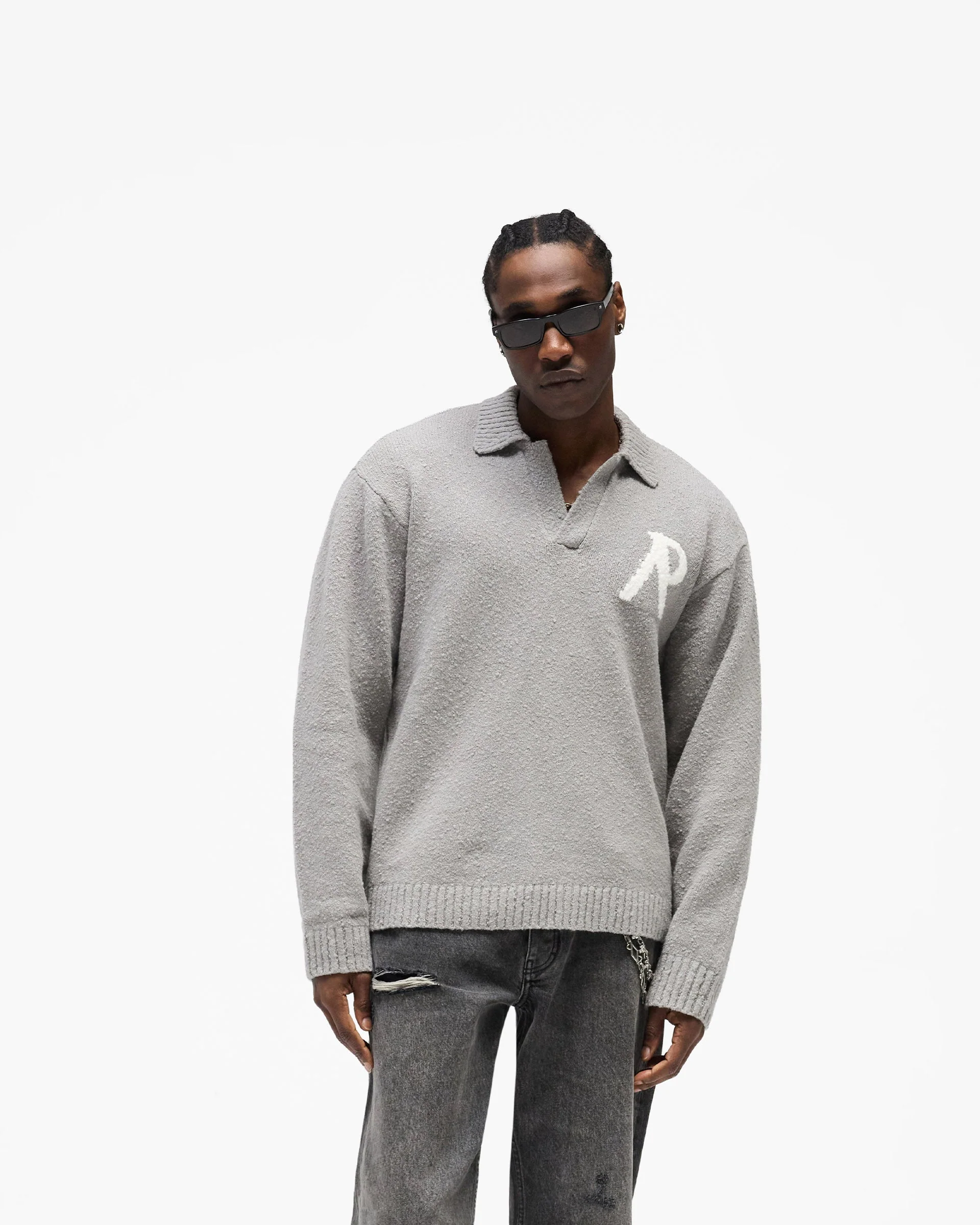 Knitted Boucle Polo - Grey - Image 3