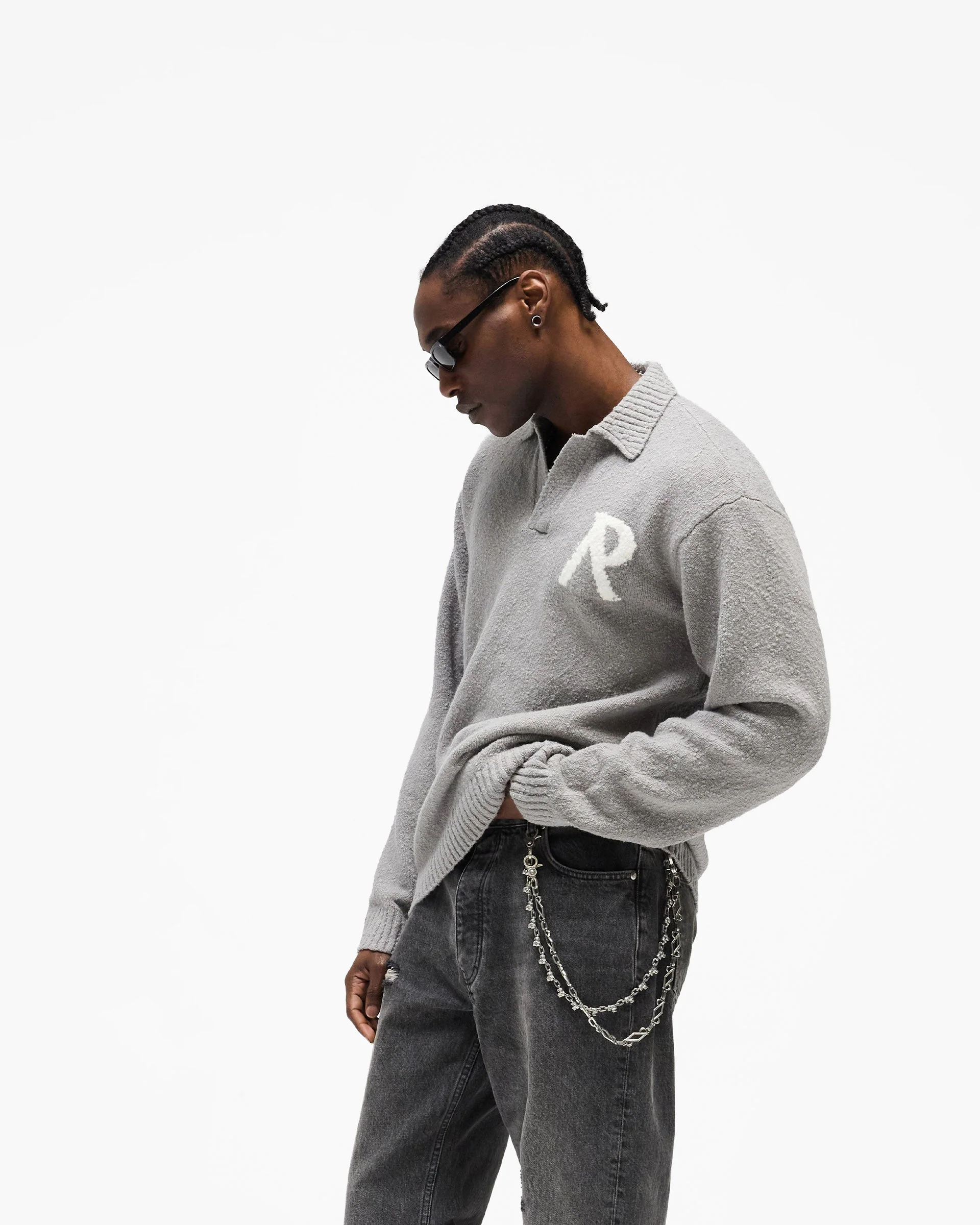 Knitted Boucle Polo - Grey - Image 4