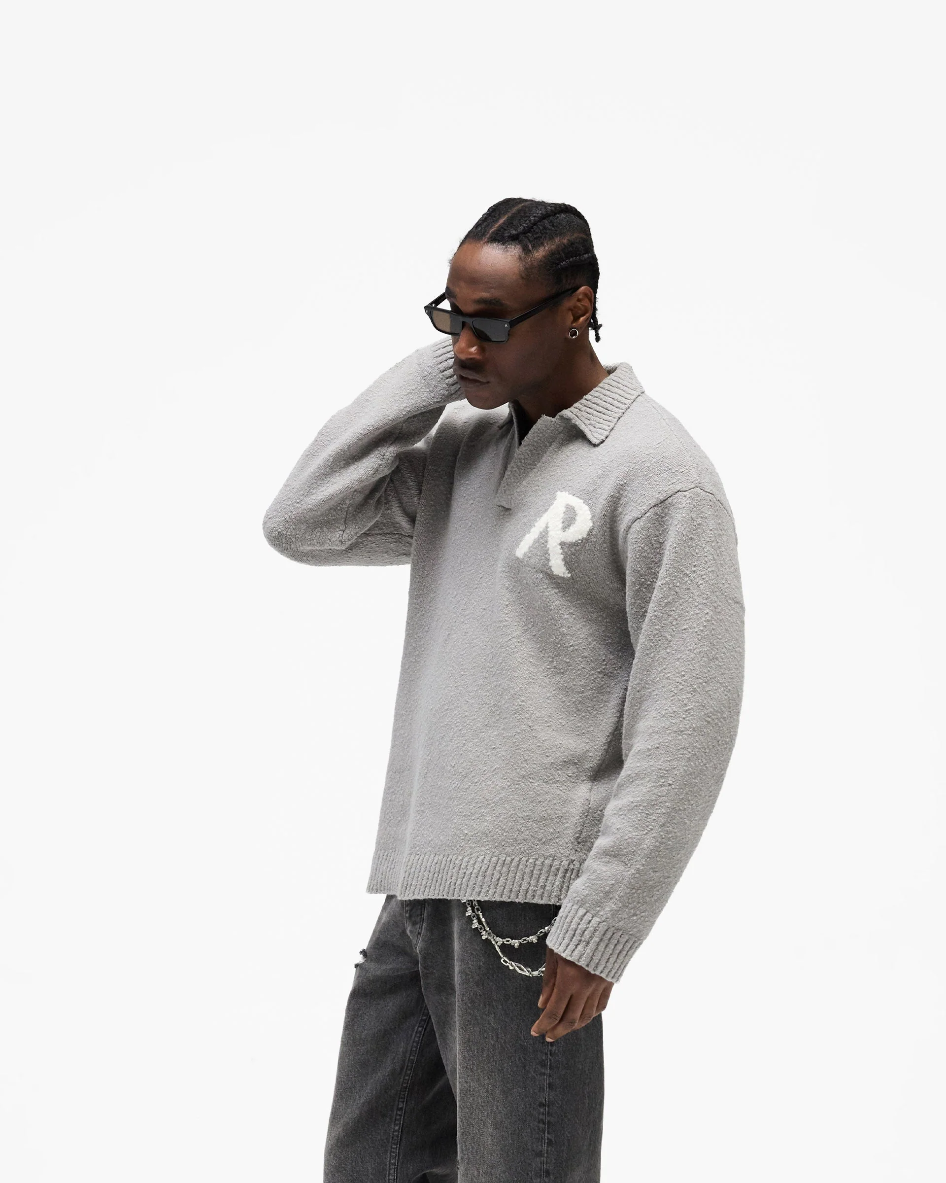 Knitted Boucle Polo - Grey - Image 5