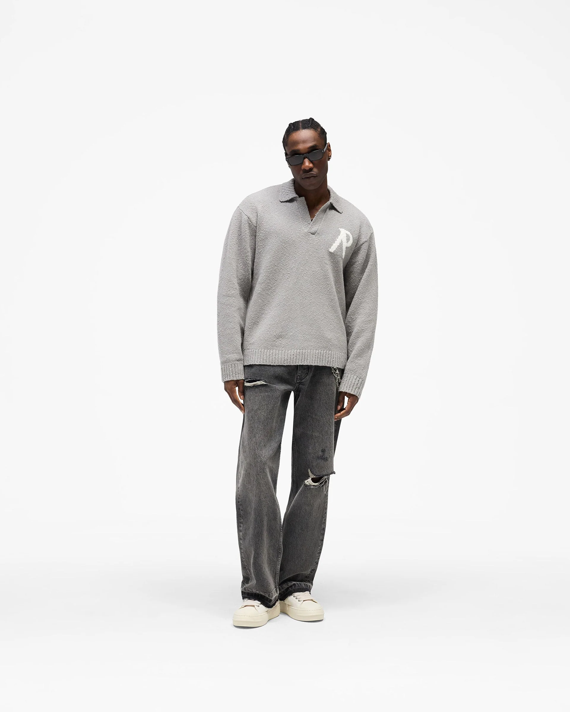 Knitted Boucle Polo - Grey - Image 7