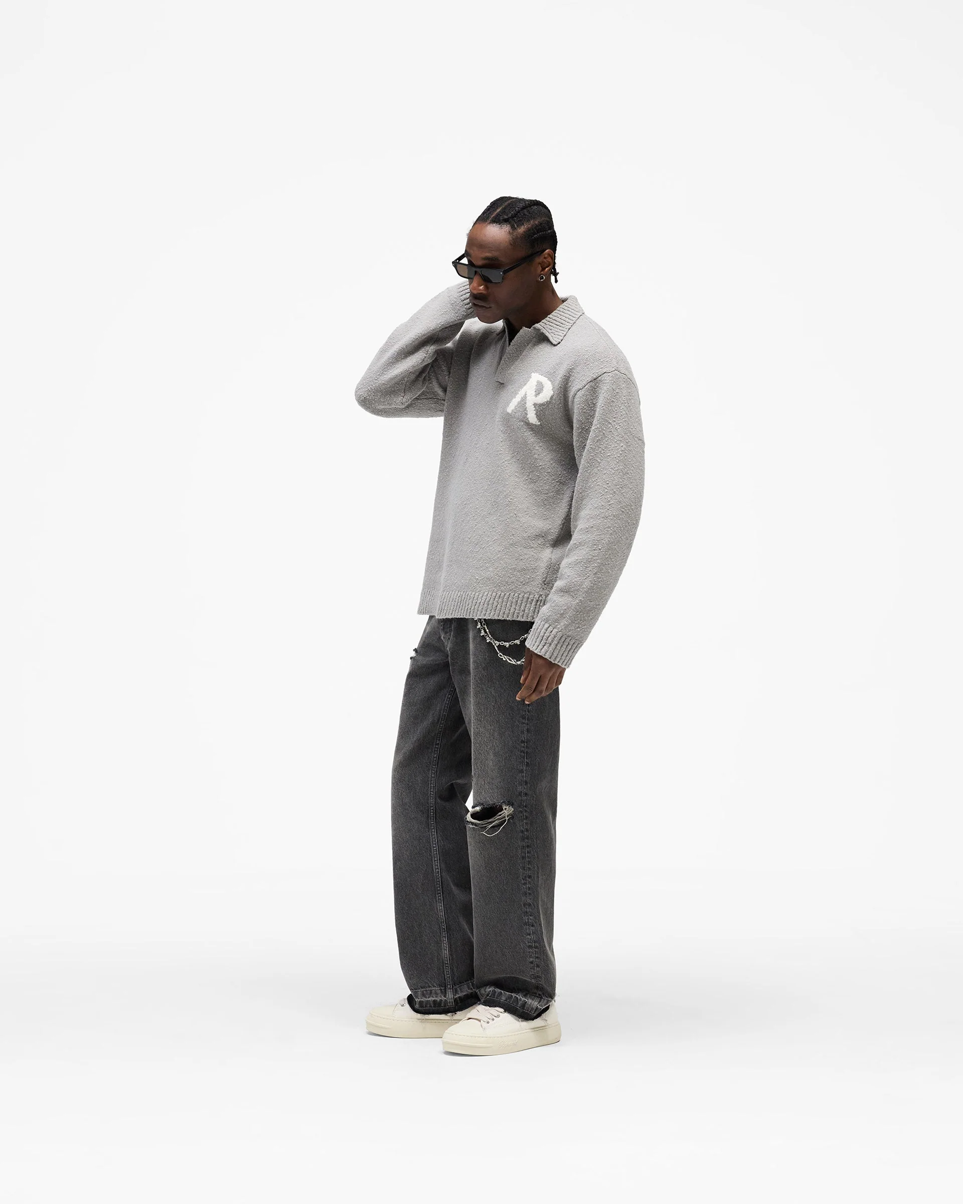 Knitted Boucle Polo - Grey - Image 8