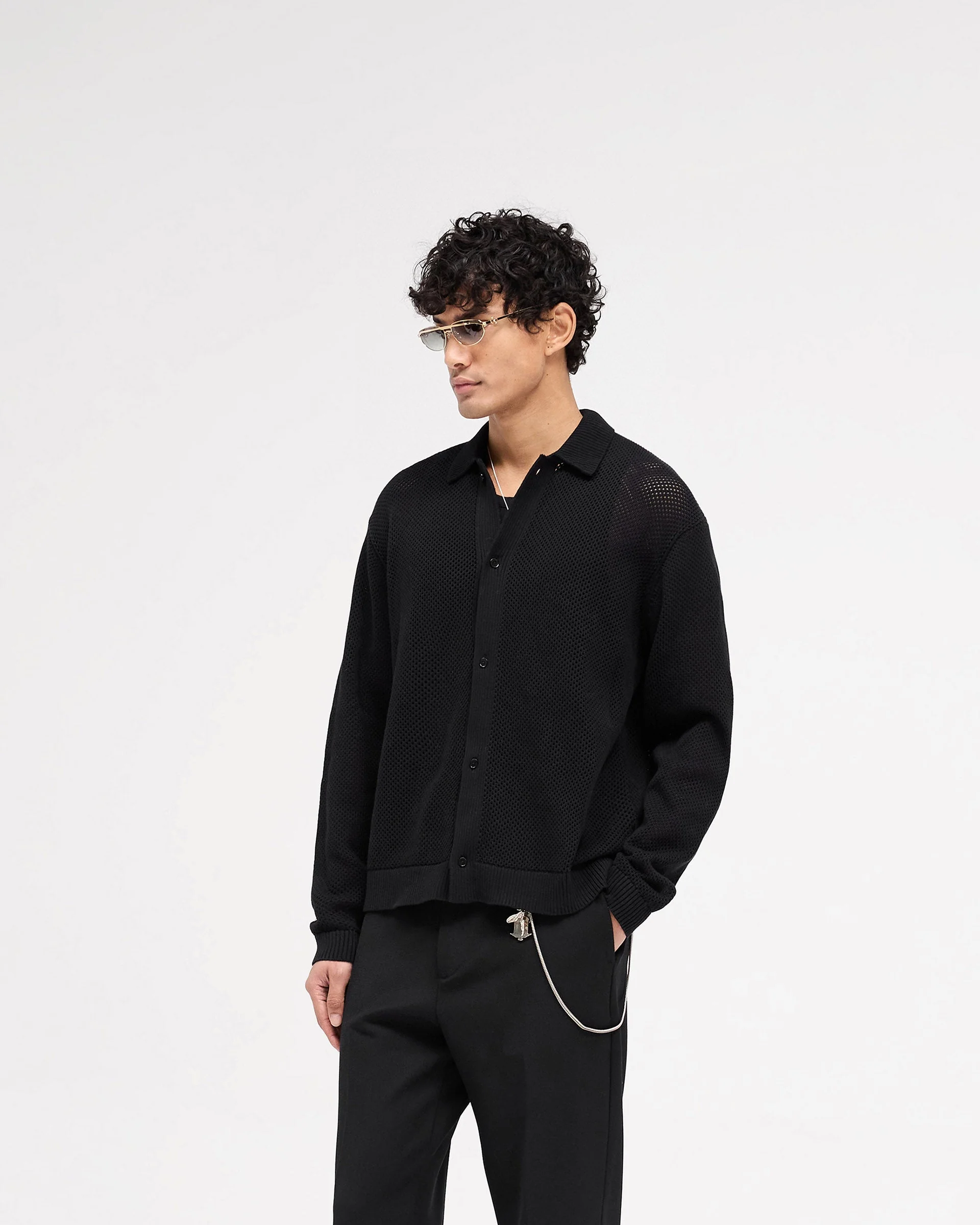Long Sleeve Mesh Knit Shirt - Jet Black - Image 2