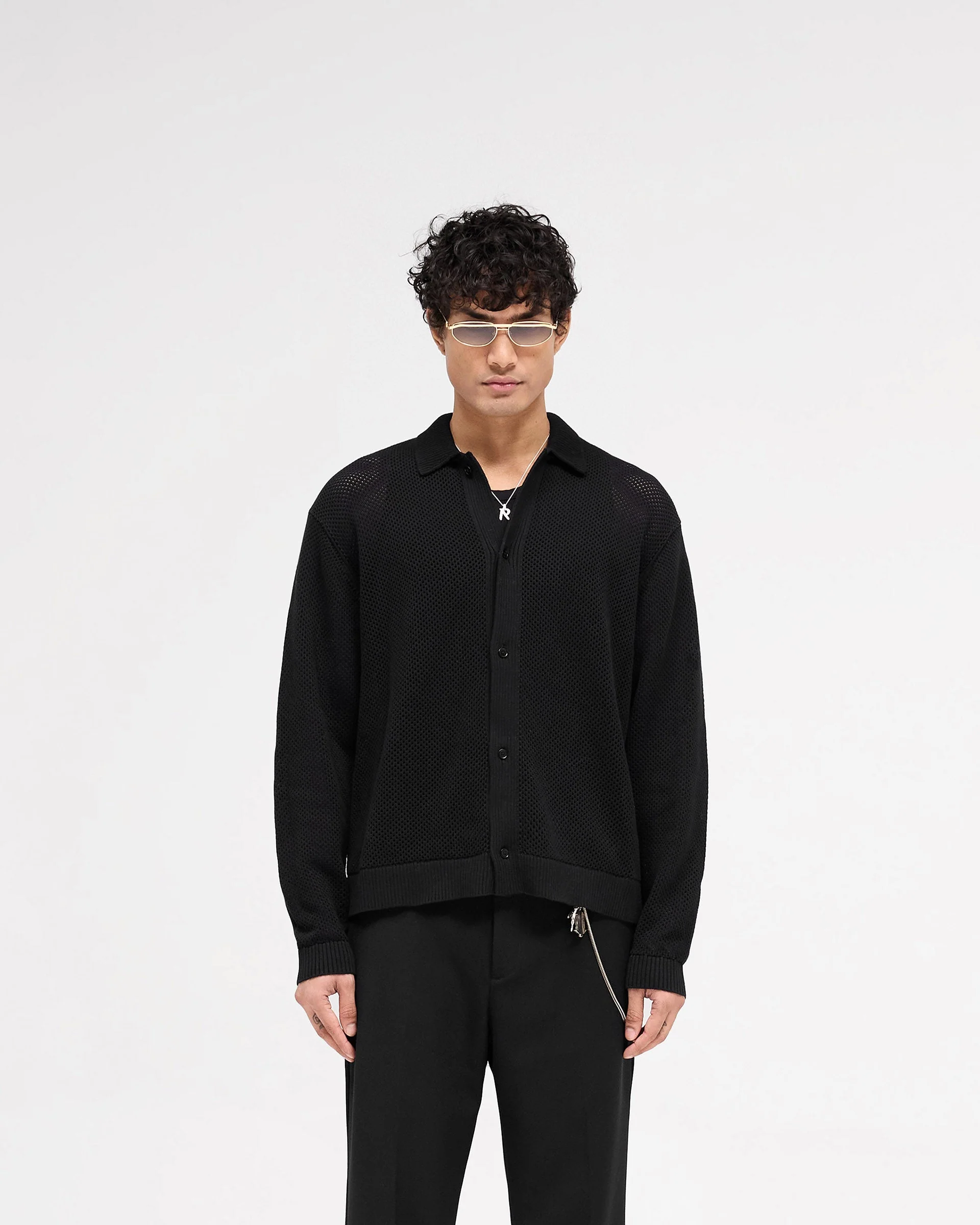 Long Sleeve Mesh Knit Shirt - Jet Black - Image 3