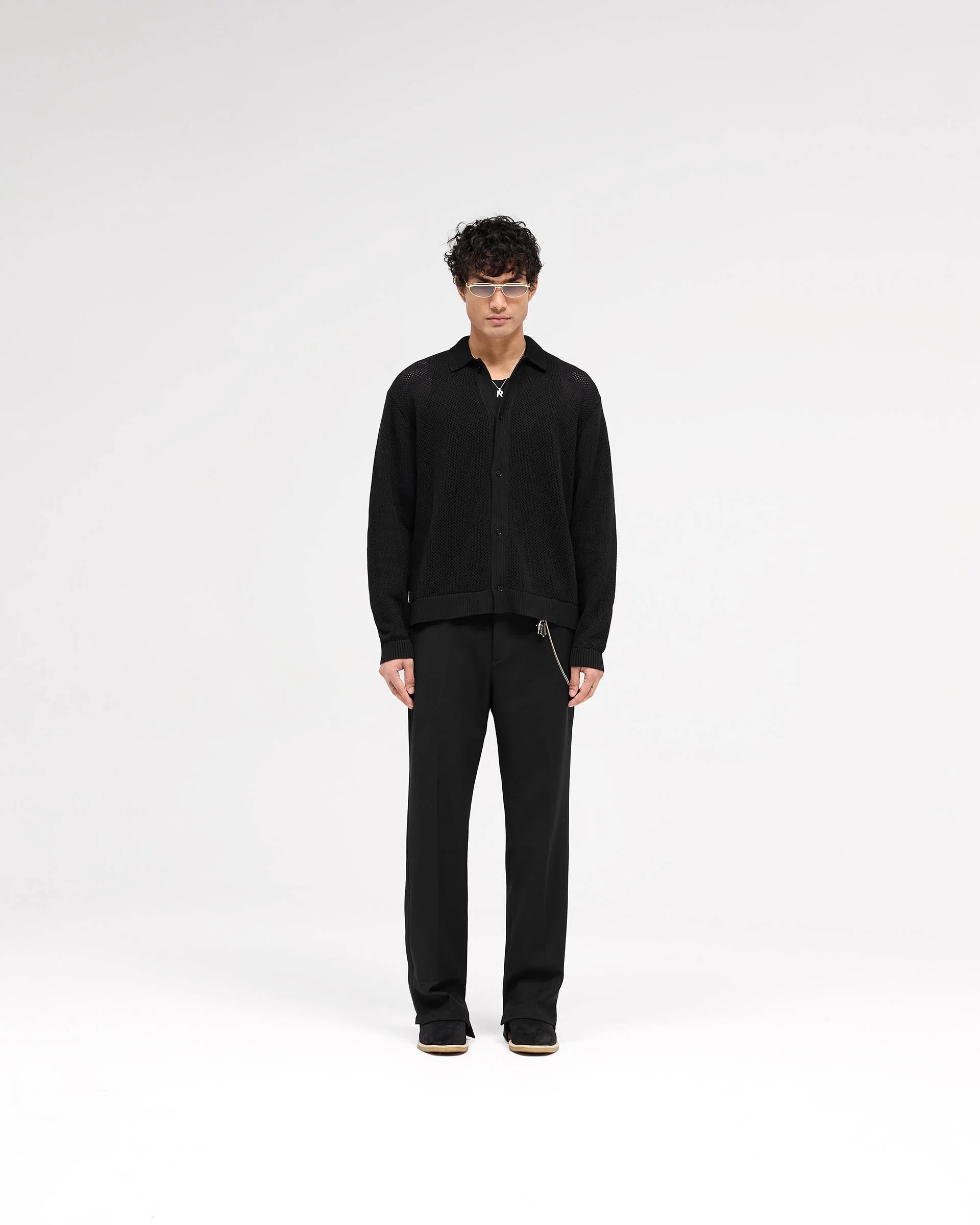 Long Sleeve Mesh Knit Shirt - Jet Black - Image 5