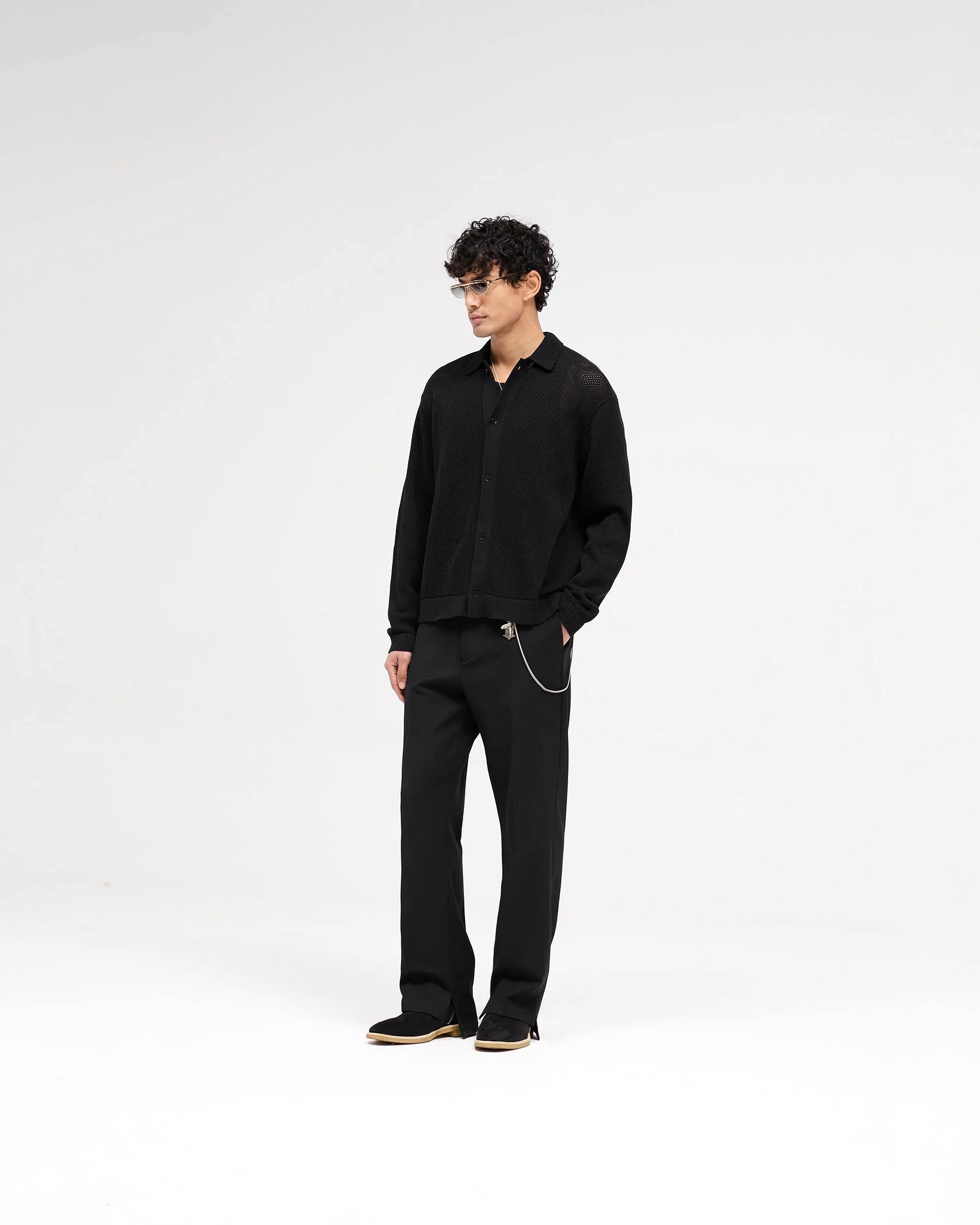 Long Sleeve Mesh Knit Shirt - Jet Black - Image 6