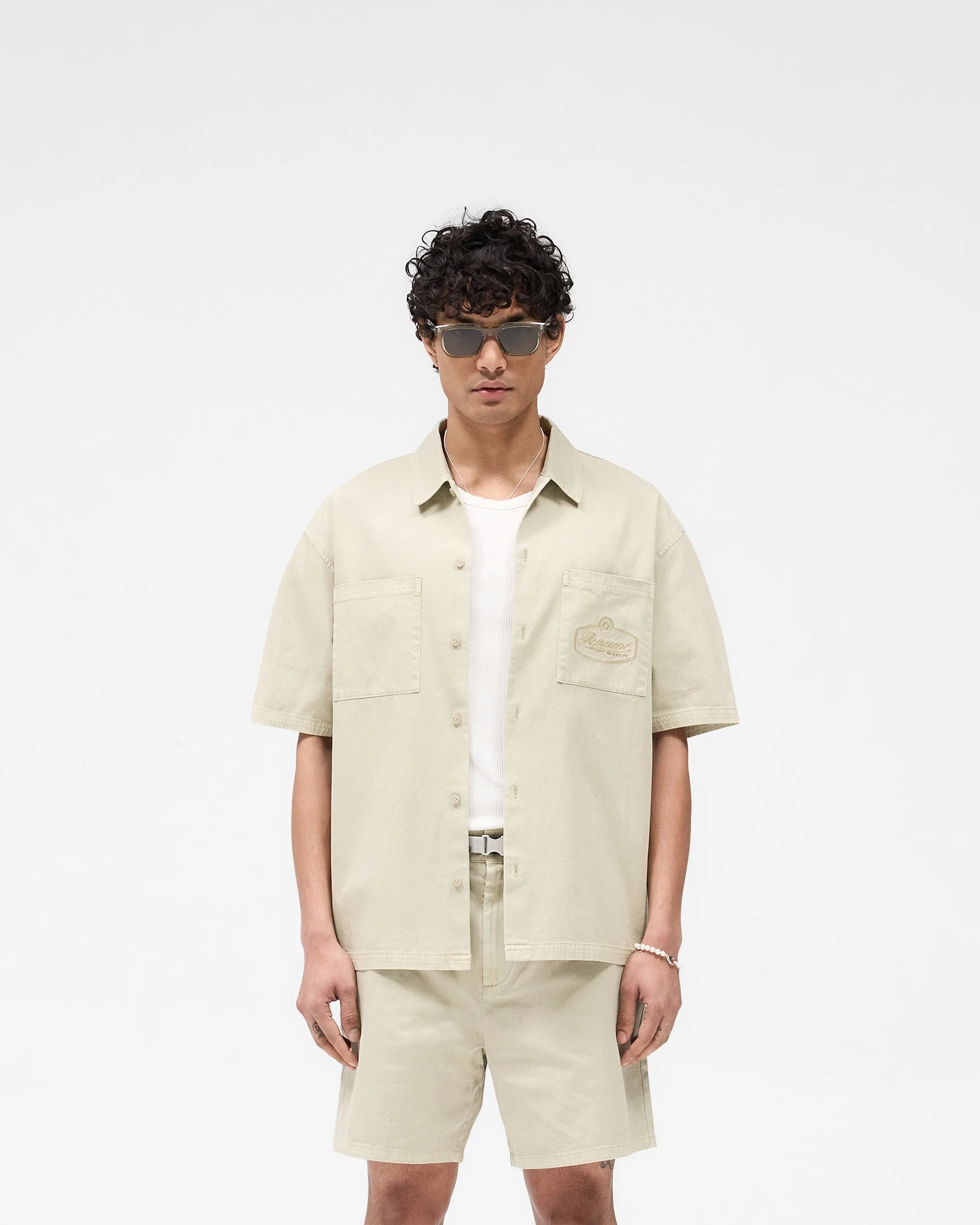 Short Sleeve Cotton Overshirt - Beige - Image 3