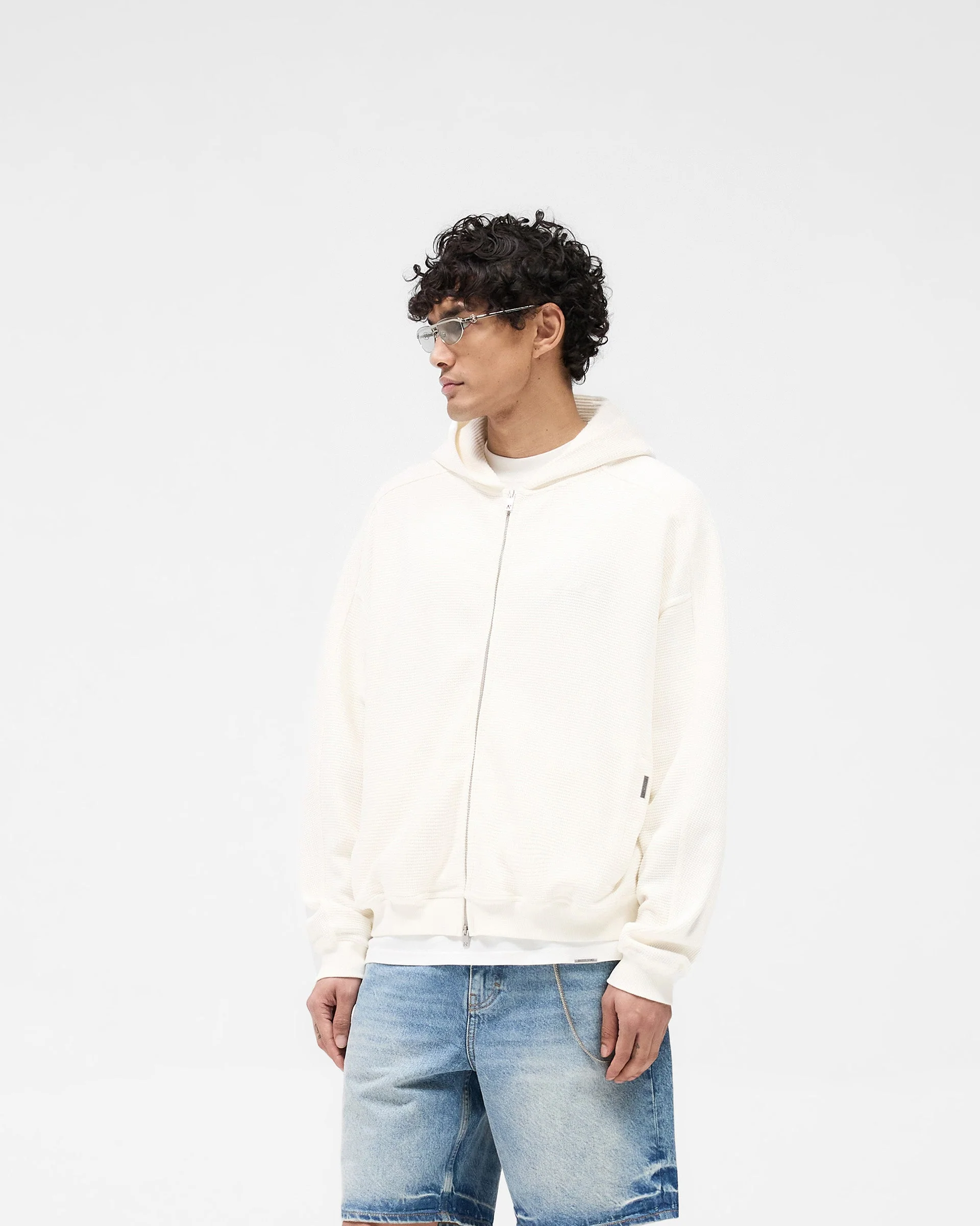 Waffle Zip Through Hoodie - Flat White - Image 2