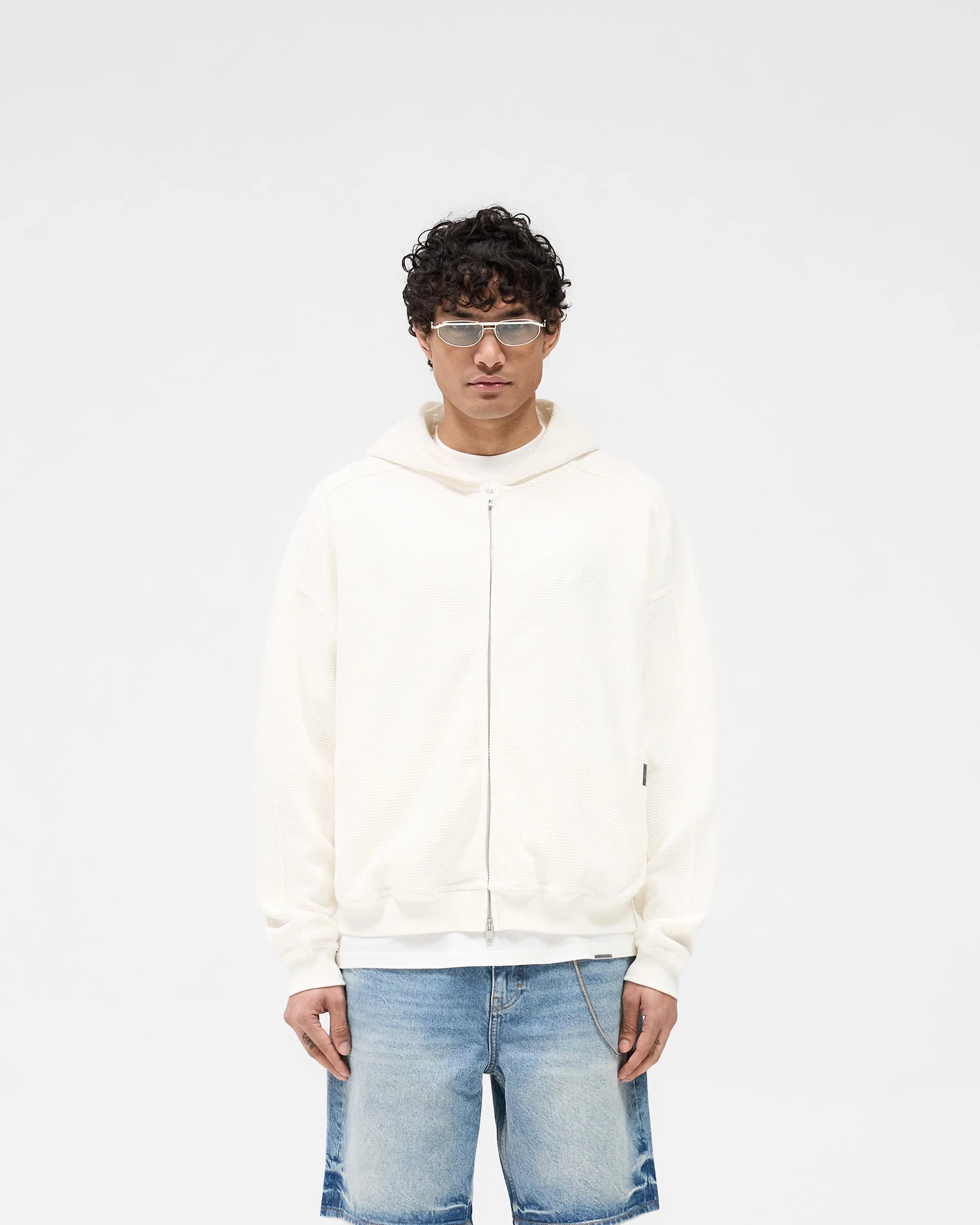 Waffle Zip Through Hoodie - Flat White - Image 3