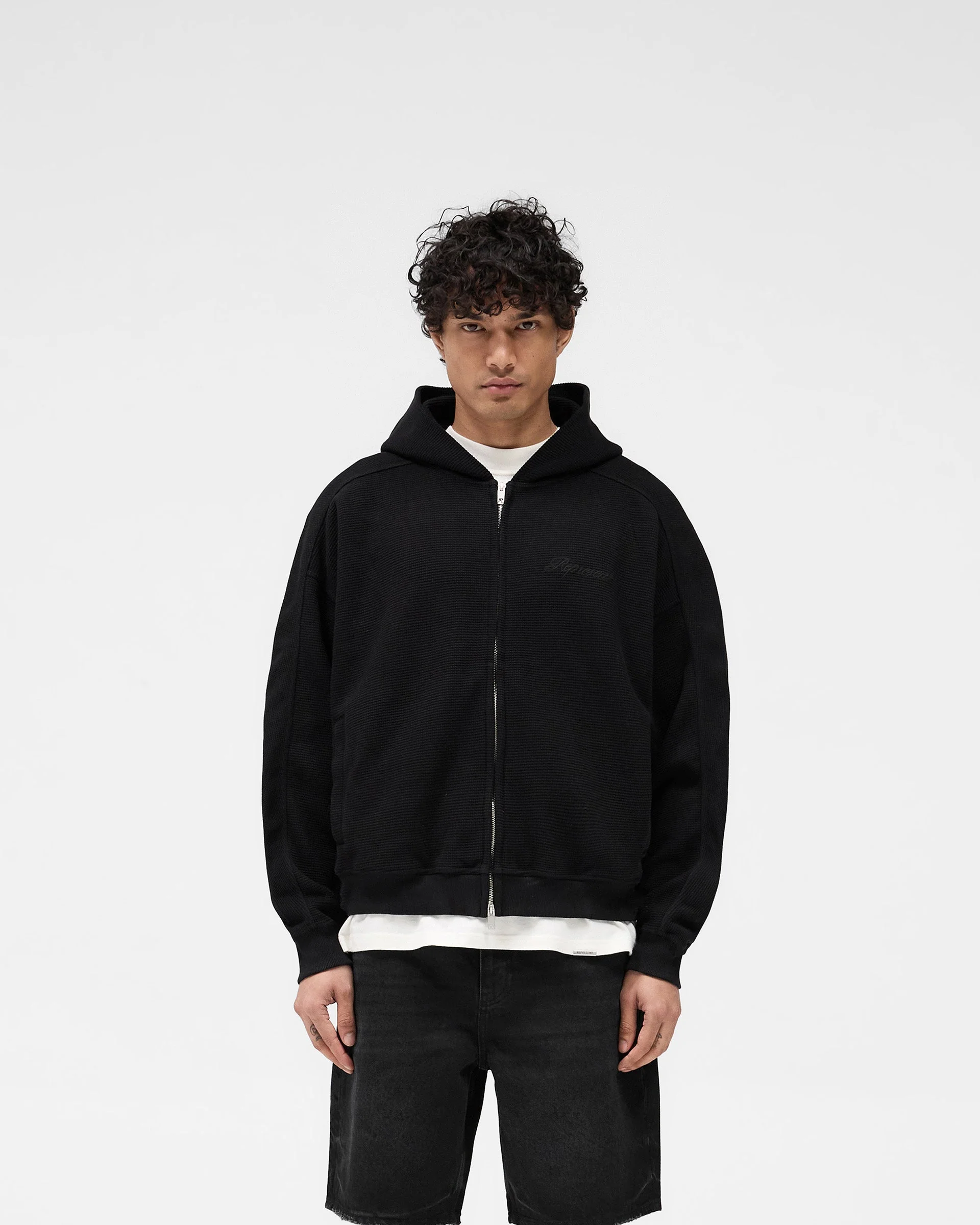 Waffle Zip Through Hoodie - Jet Black - Image 3
