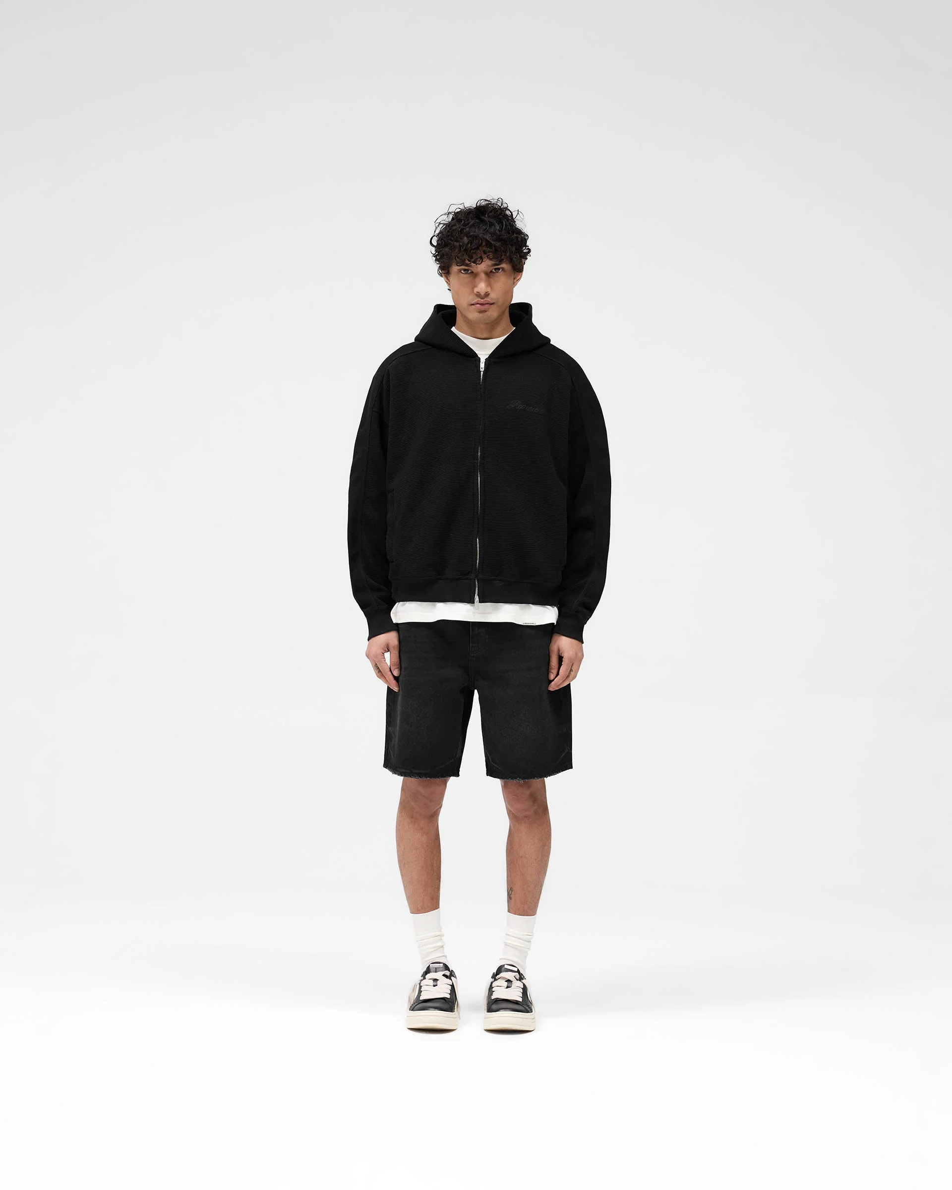 Waffle Zip Through Hoodie - Jet Black - Image 5