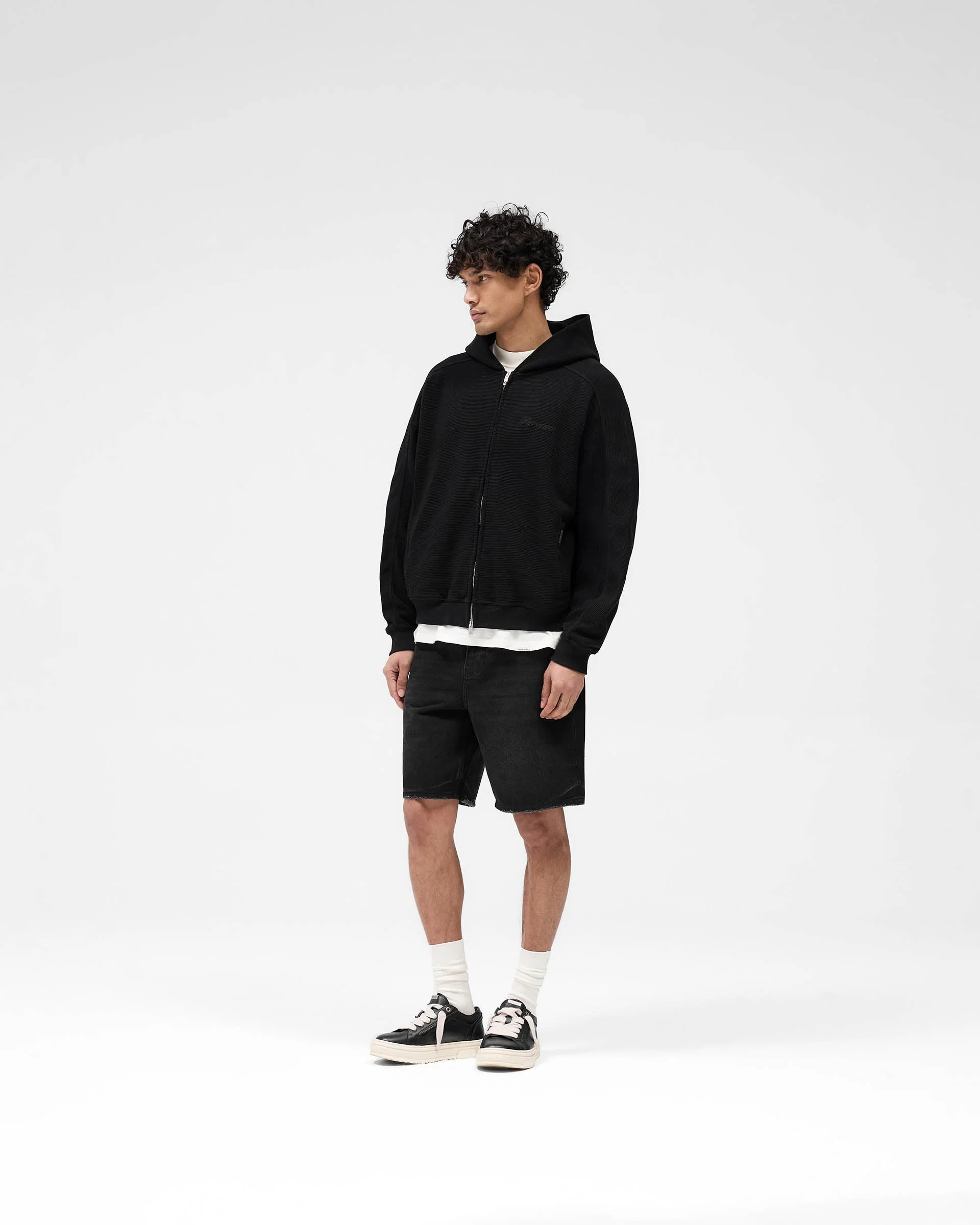 Waffle Zip Through Hoodie - Jet Black - Image 6